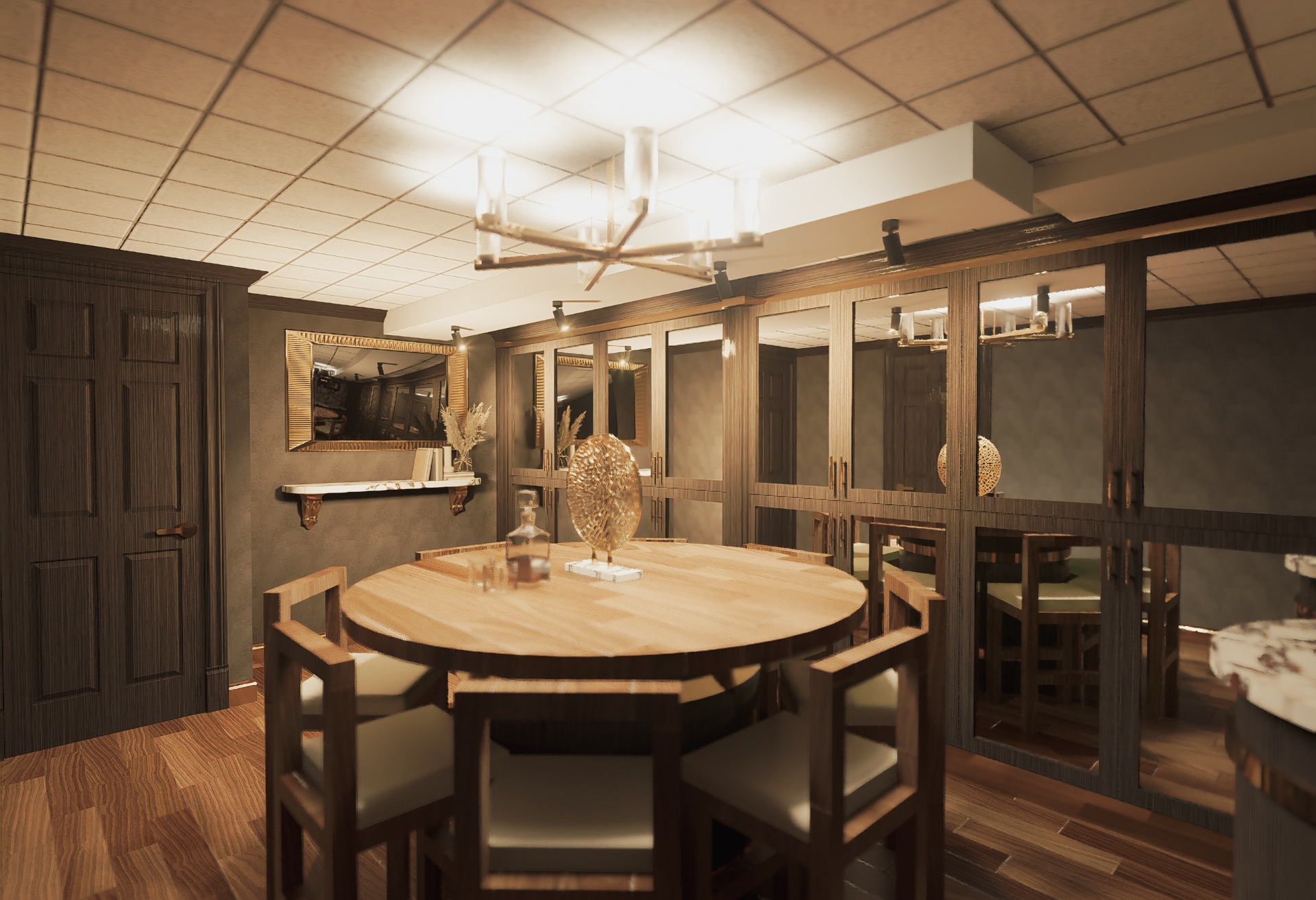 Wide interior view of the whiskey lounge with round table, chandelier, and mirrored cabinetry