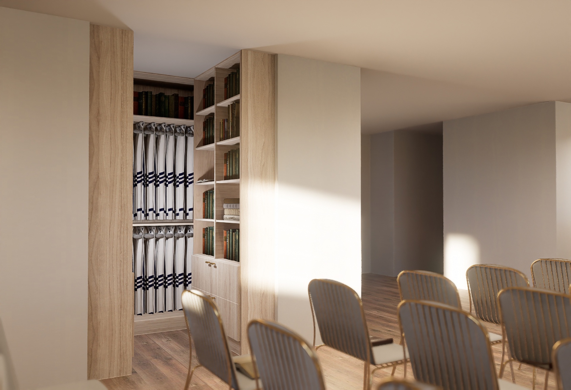 View through the sanctuary showing tallit storage and shelving