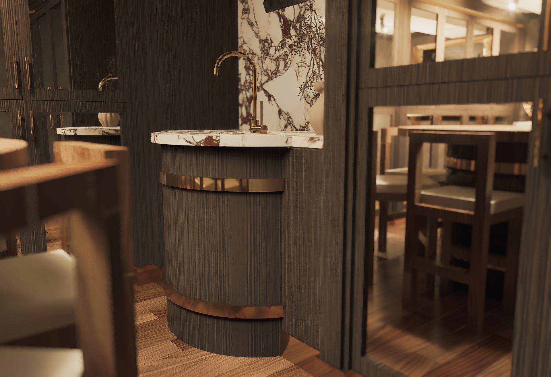 Curved custom bar with marble countertop and brass detailing