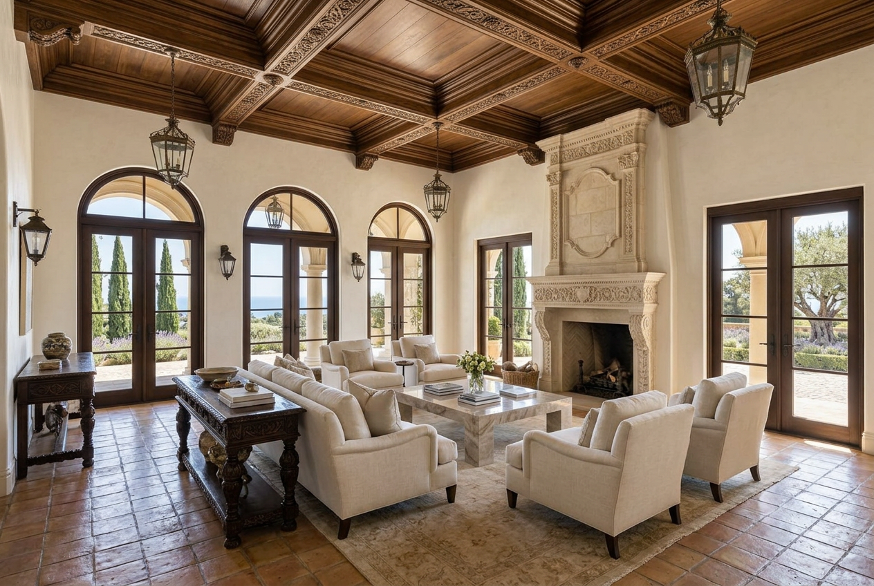 Montecielo Estate Mediterranean living room with carved wood ceiling and limestone fireplace