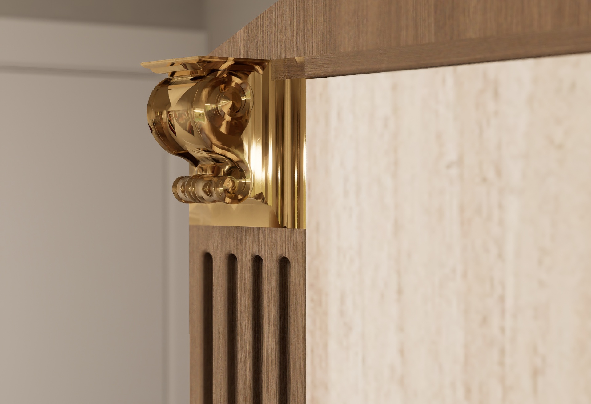 Close-up detail of gold capital and fluted wood column