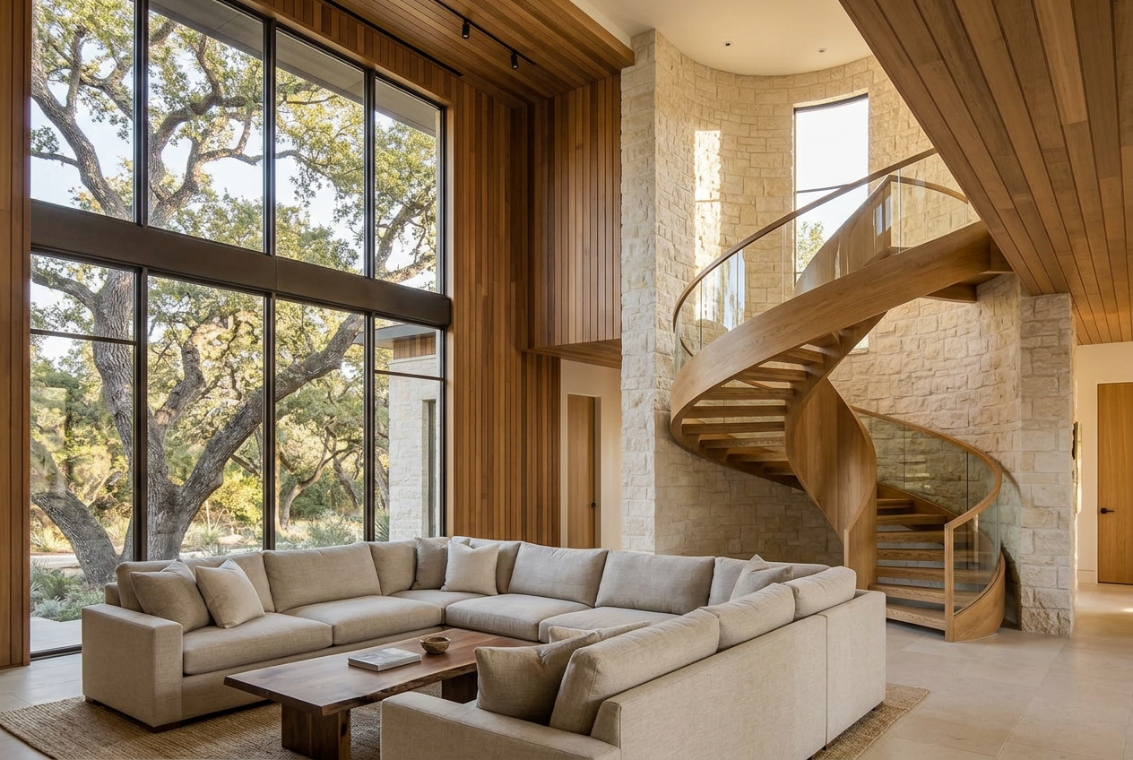 Limestone Hollow conceptual double-height living room with curved timber stair