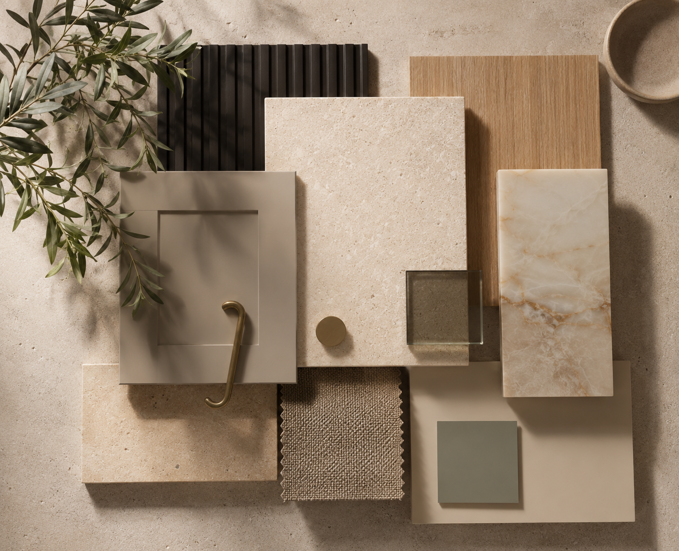 Material mood board — travertine, oak, black fluted panel, brass hardware, onyx marble, linen, and sage green paint sample