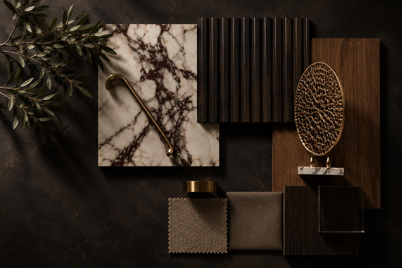 Whiskey lounge material mood board — Calacatta Viola marble, dark fluted wood panel, brass hardware and sculptural disc, walnut veneer, linen, leather, and smoked glass