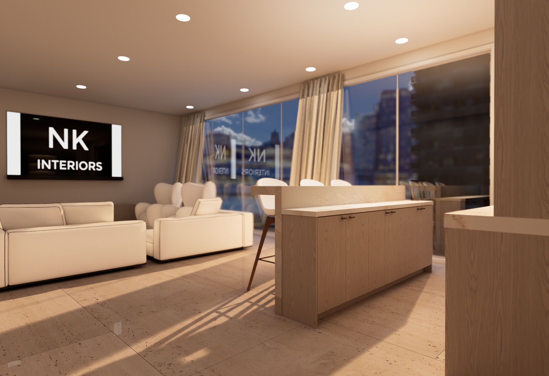 Living area with NK Interiors branded television display and waterfront view