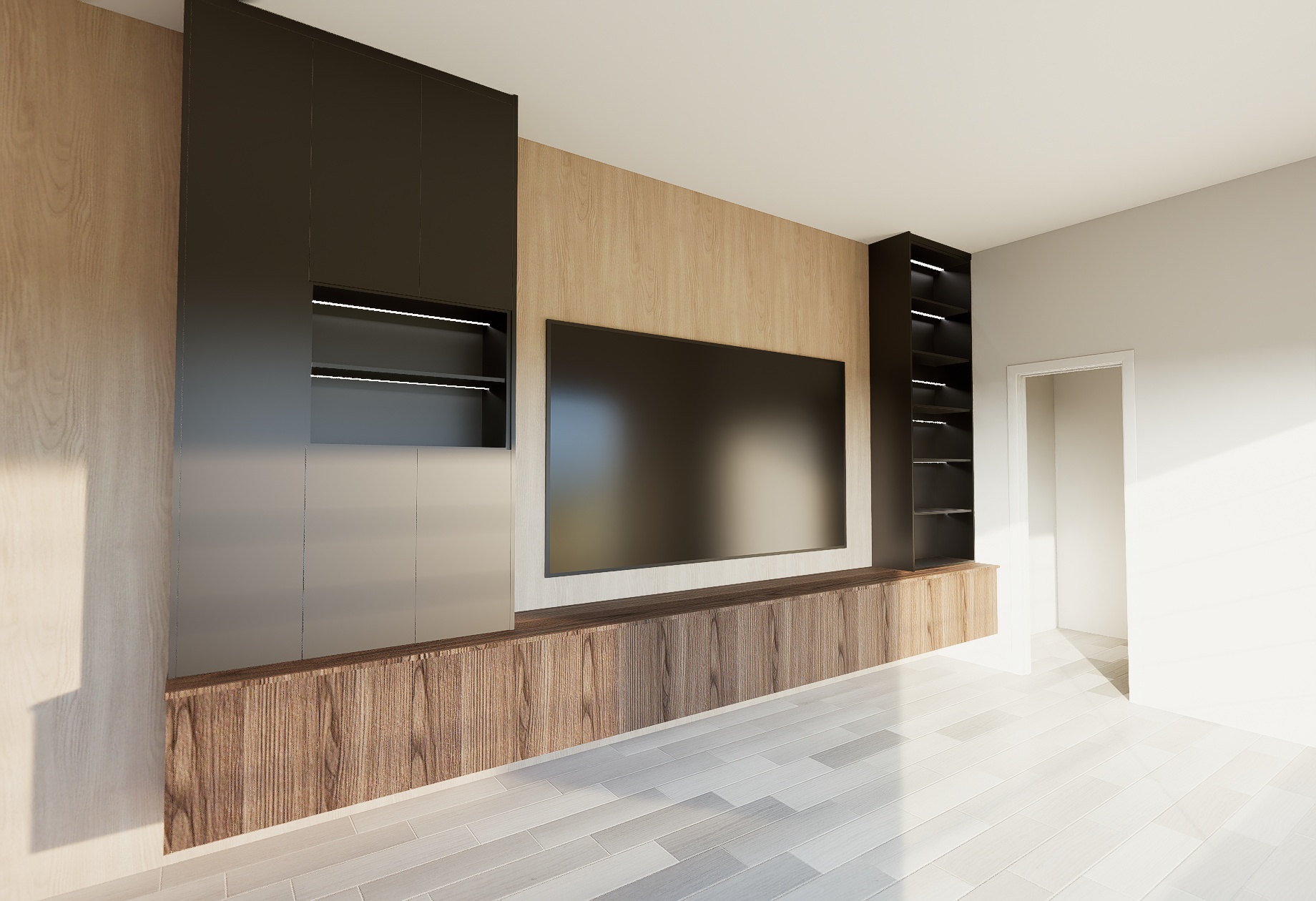Custom TV wall unit with warm wood paneling, matte black cabinetry, and integrated shelving at Greenview at Presidential