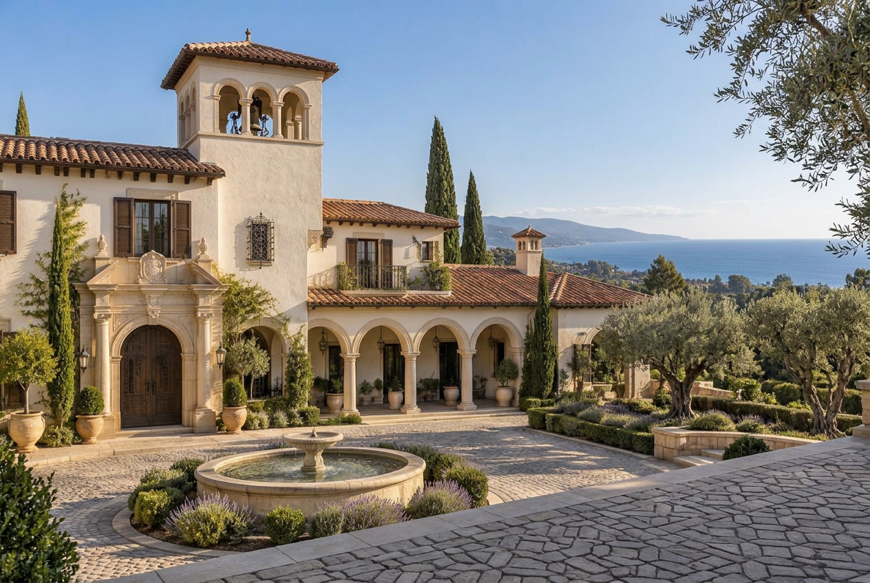 Montecielo Estate arched courtyard loggia with olive trees and Pacific view