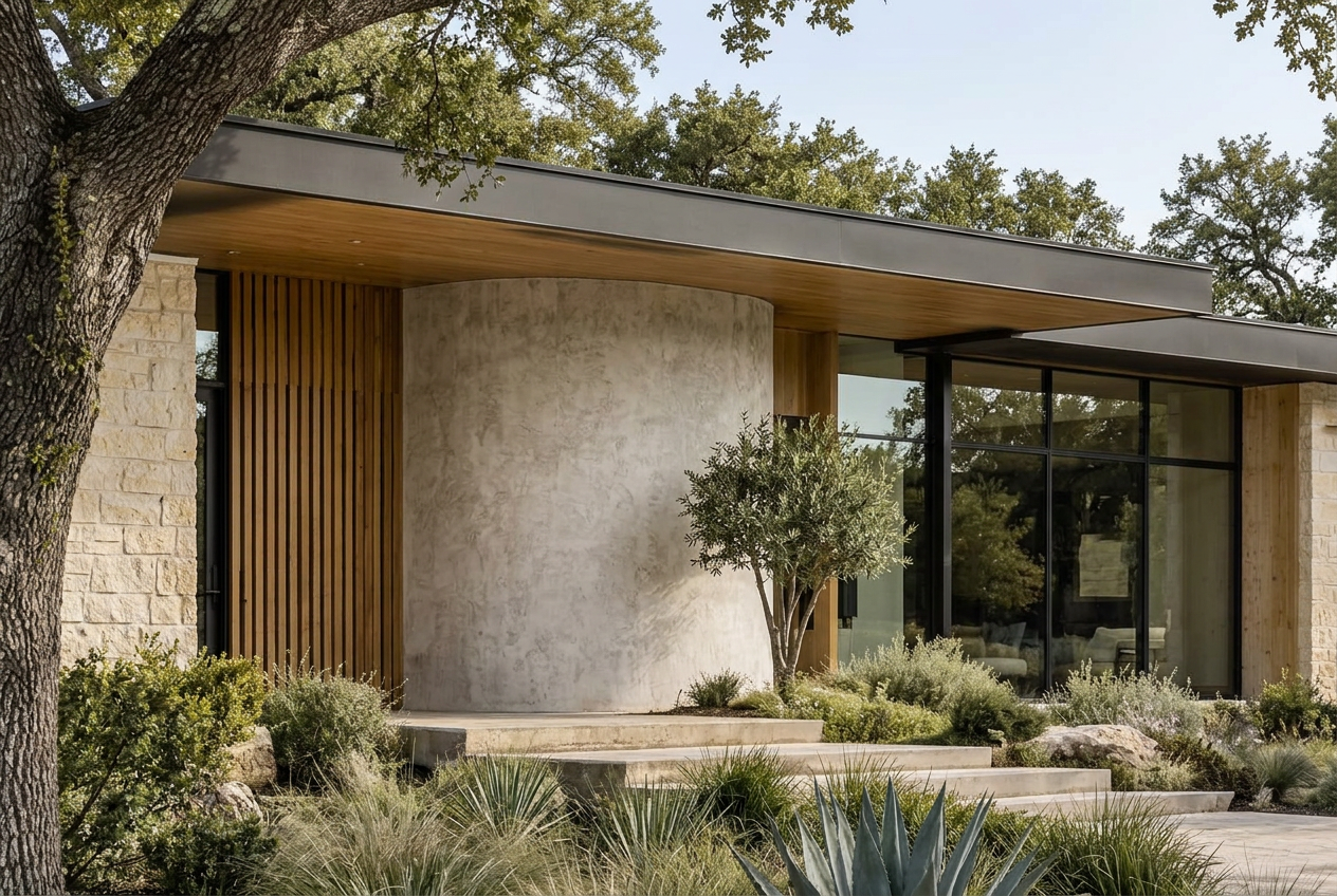 Juniper Bend curved entry wall and cedar screen detail