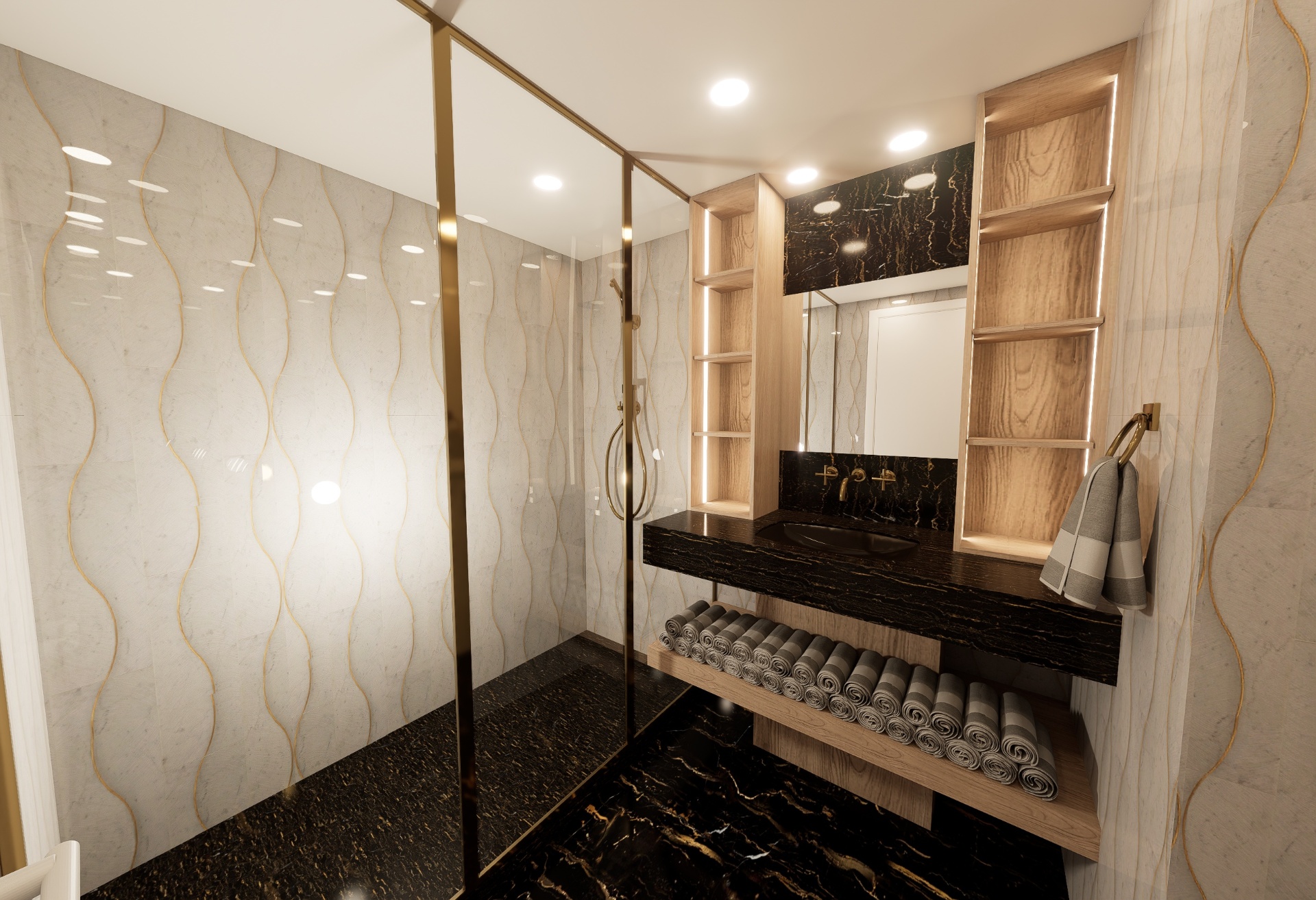 Bathroom 4 — black and gold marble vanity with brass fixtures and wave-pattern stone walls