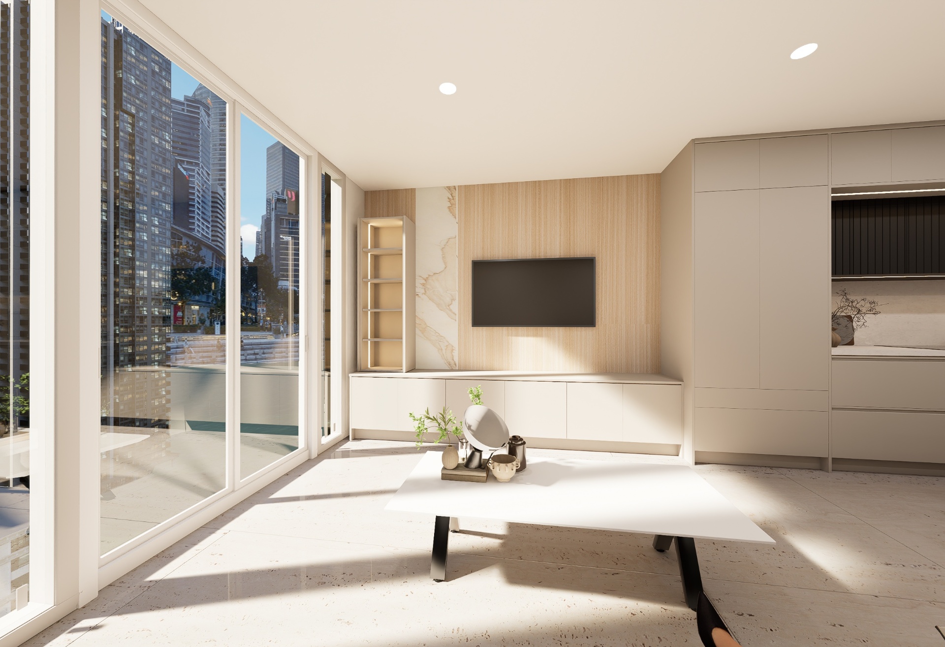 Living area with floor-to-ceiling windows, wood-panel TV wall, and marble accent