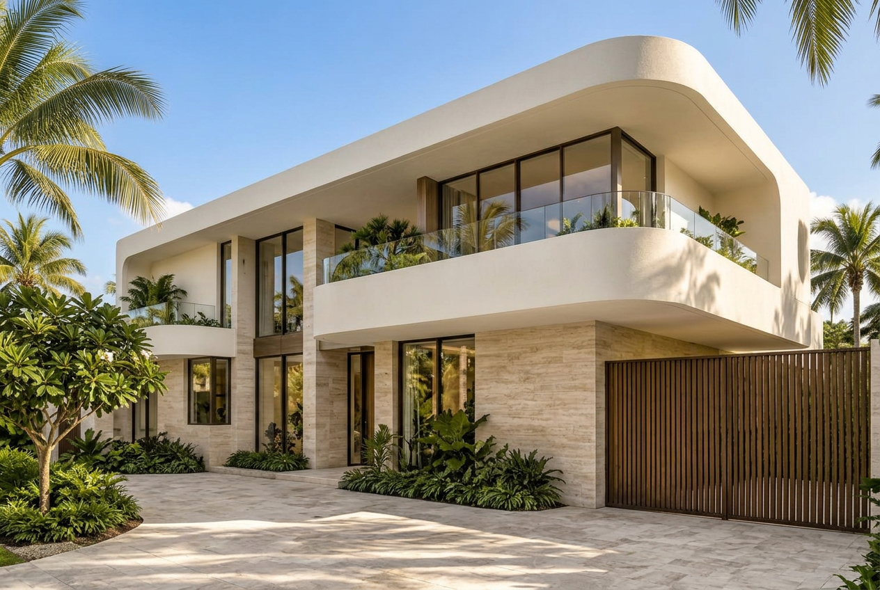 Palmetto Arc curved balcony and travertine entry detail