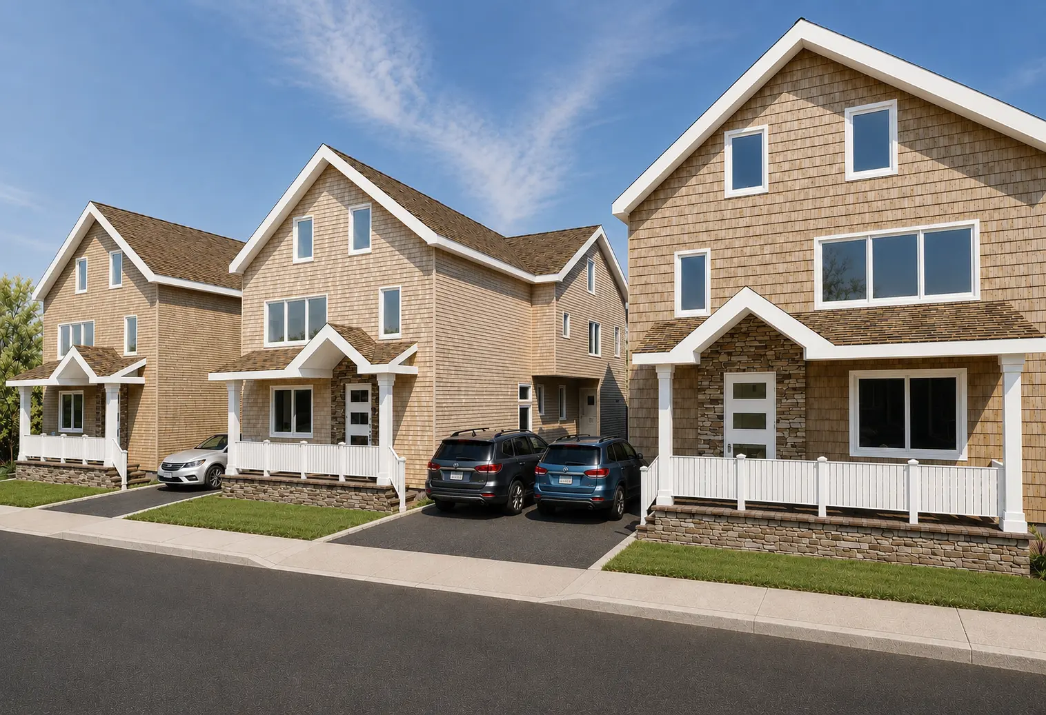 Street-level view of three shingle-style houses with stone accents
