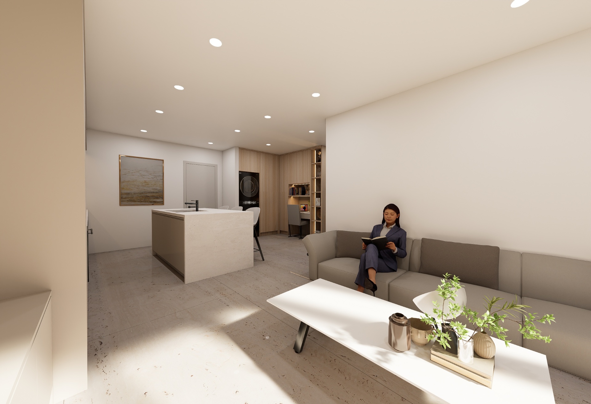Open living and kitchen area with waterfall island, custom millwork, and travertine flooring