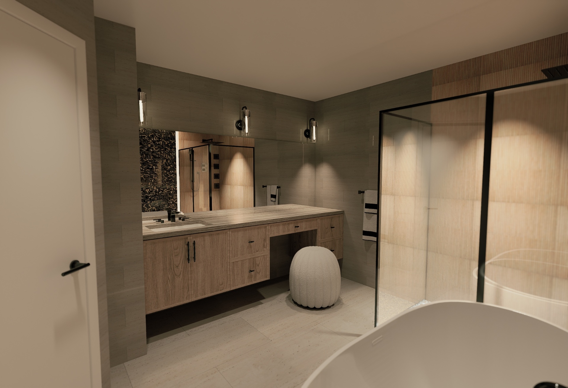 Bathroom 2 — custom oak vanity with stone countertop, sculptural stool, and wall sconces