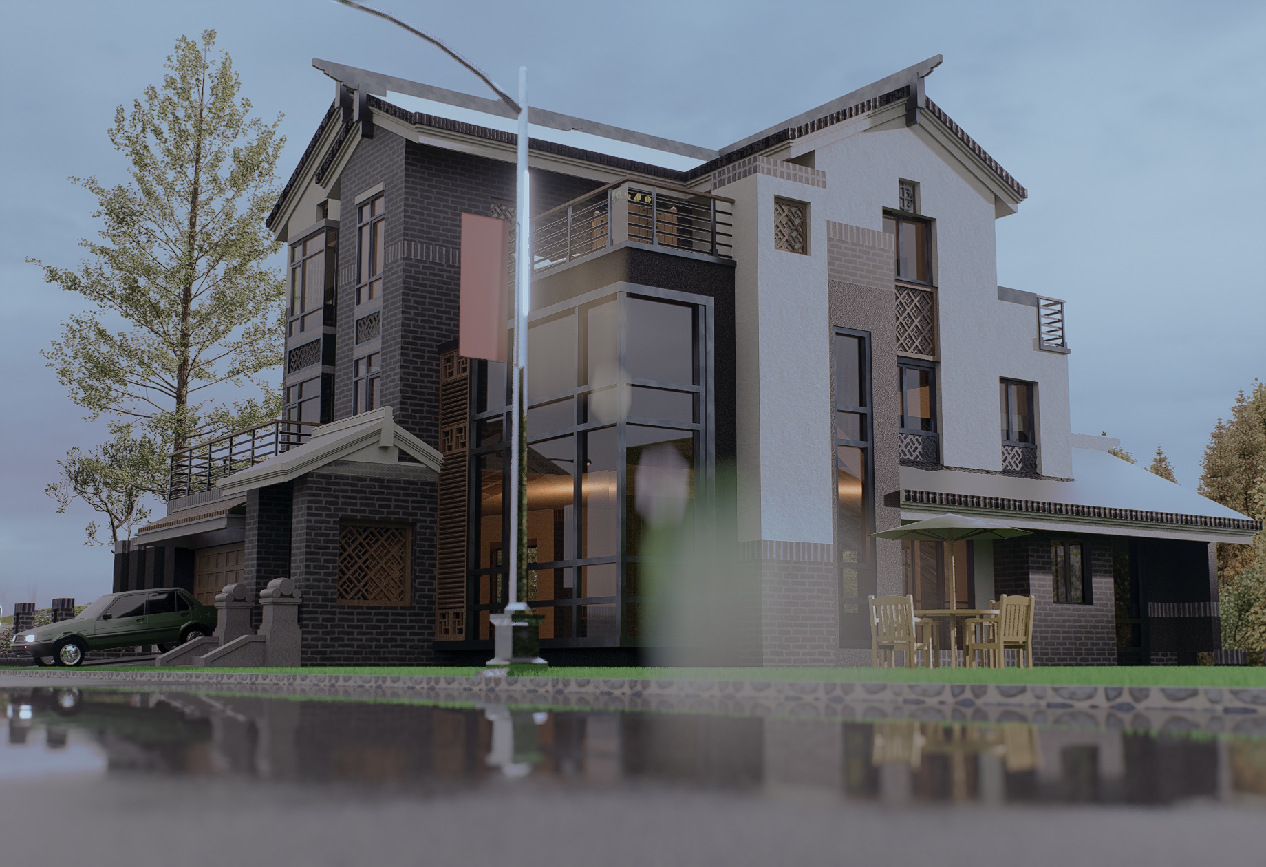 Side view of the residence highlighting the double-height glazing and covered terrace