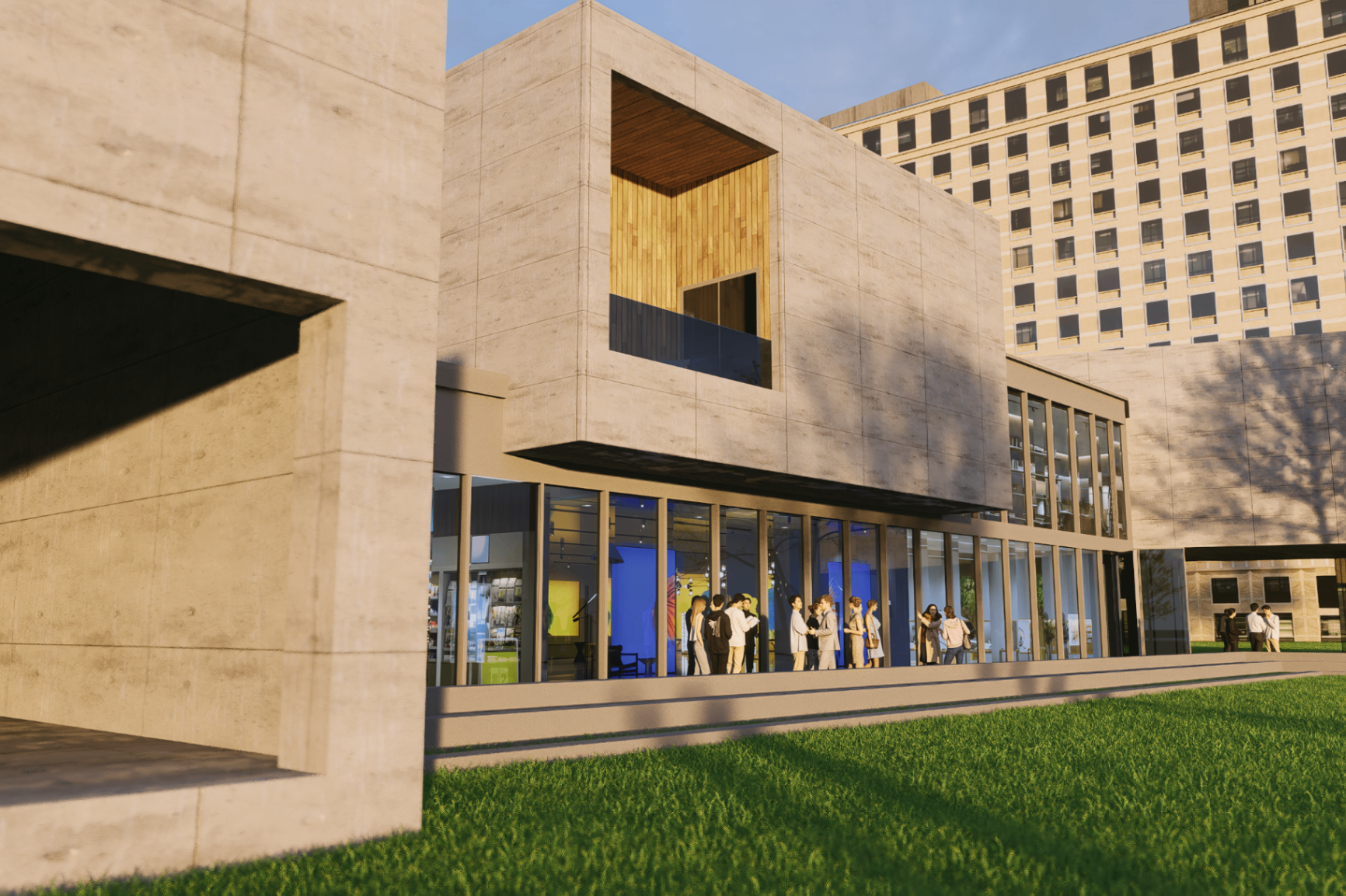 Concrete volume with warm wood-lined opening above the glazed retail frontage
