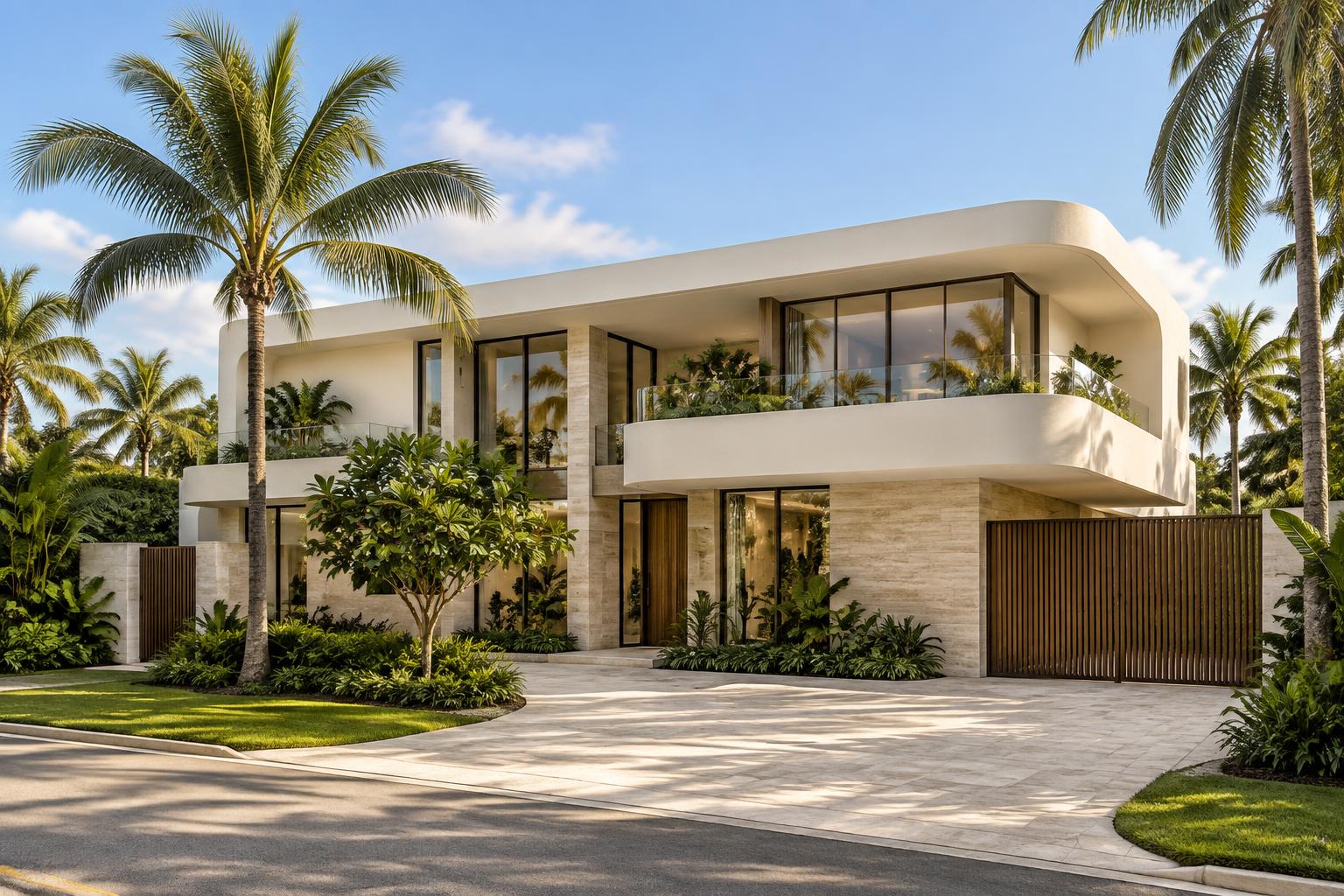 Conceptual Miami spec home with an ivory curved balcony, travertine and tropical palms