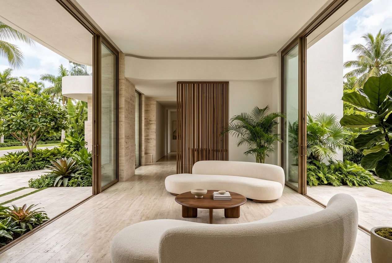 Palmetto Arc conceptual airy living room surrounded by tropical planting