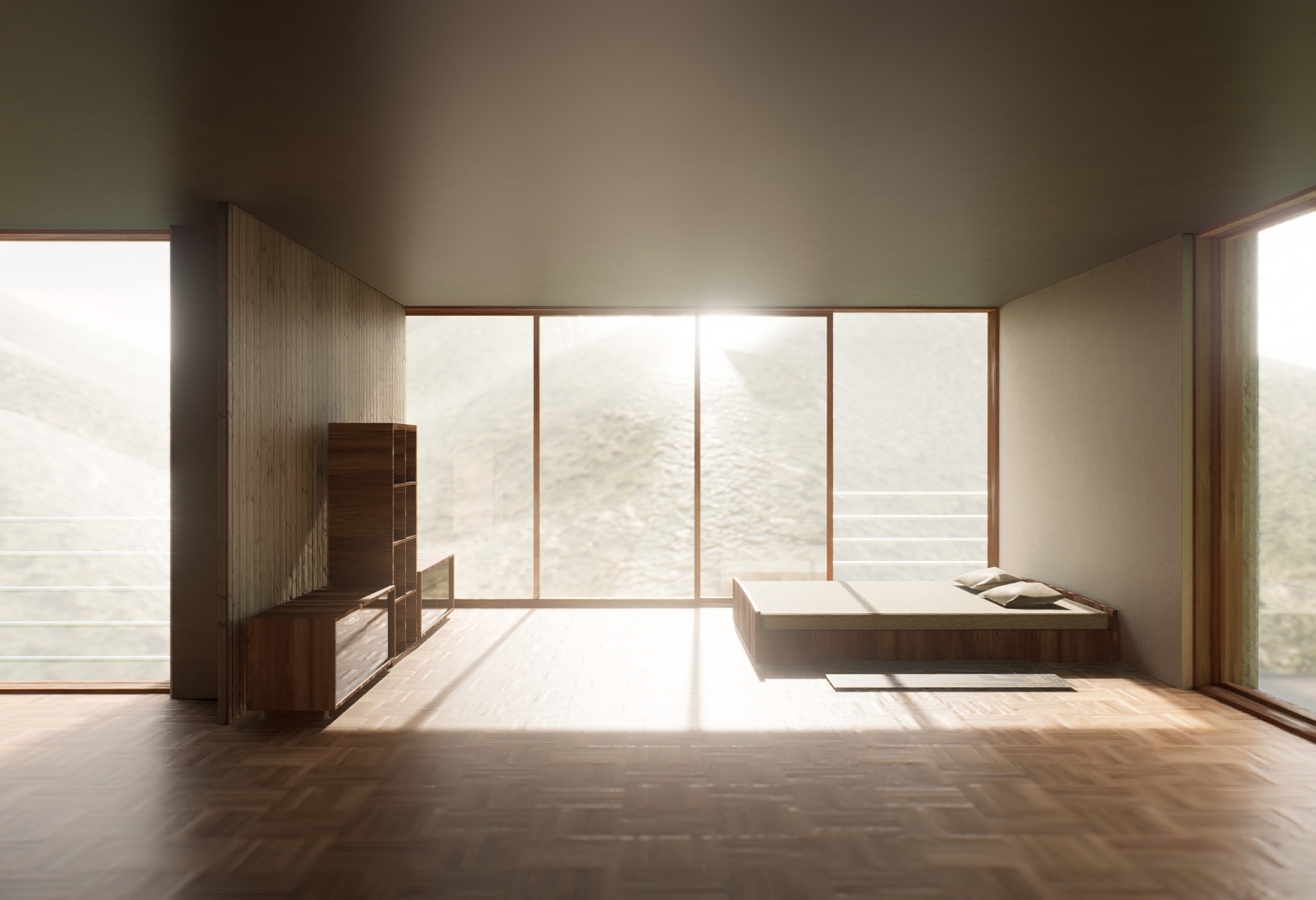 Bedroom with low platform bed, herringbone floor, and floor-to-ceiling glazing