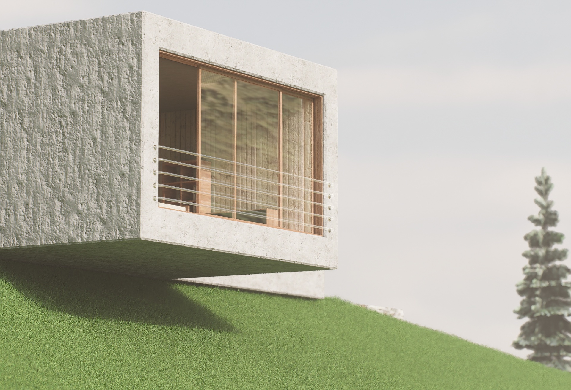 Close-up of the cantilevered corner window overlooking the meadow