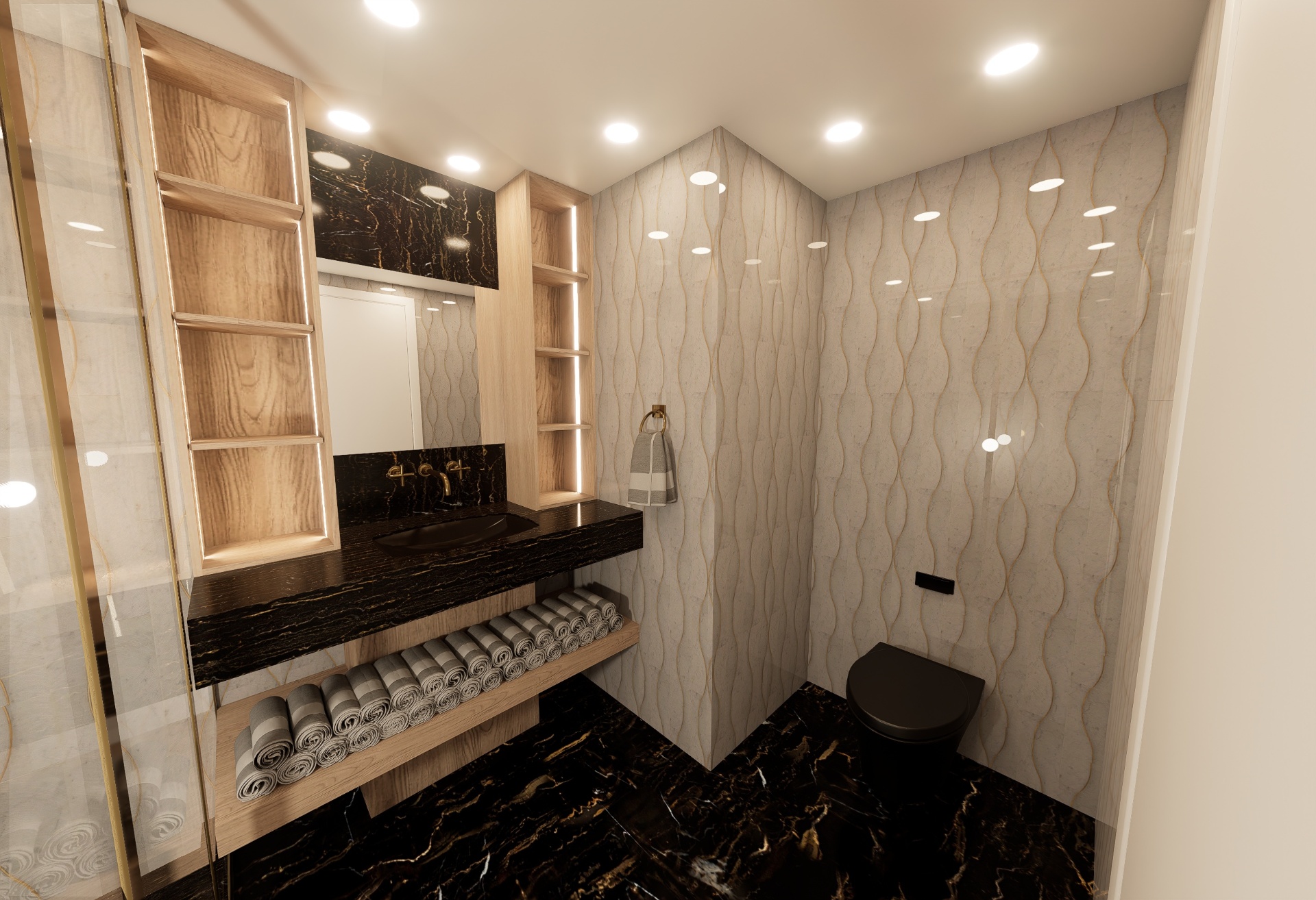 Bathroom 4 — oak shelving, black marble countertop, rolled towels, and marble flooring