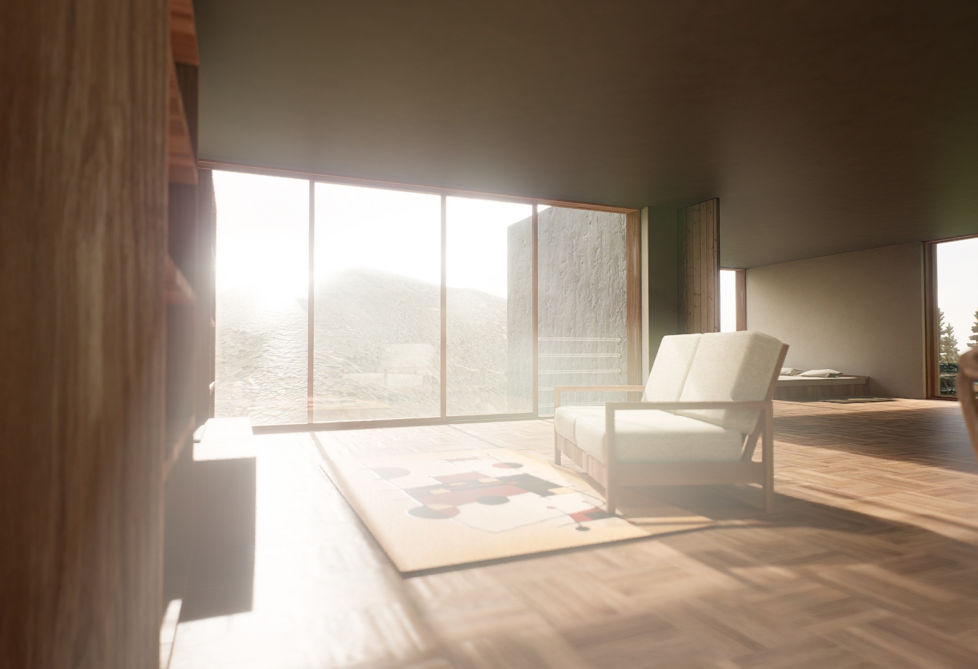 Interior living space with wood floors, white armchair, and framed mountain view