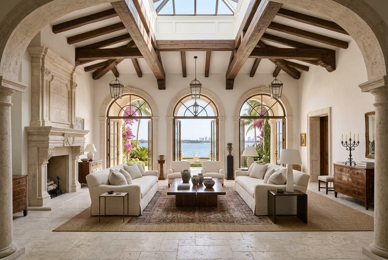 Casa Bellavela Mediterranean living salon with walnut beams and arched garden doors