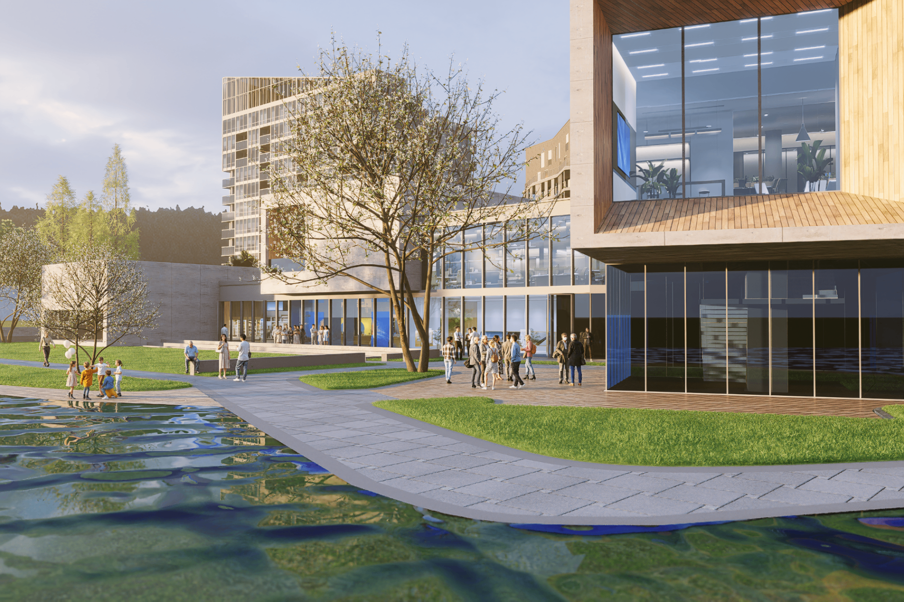 Plaza and reflecting pool with visitors gathered around the retail spaces