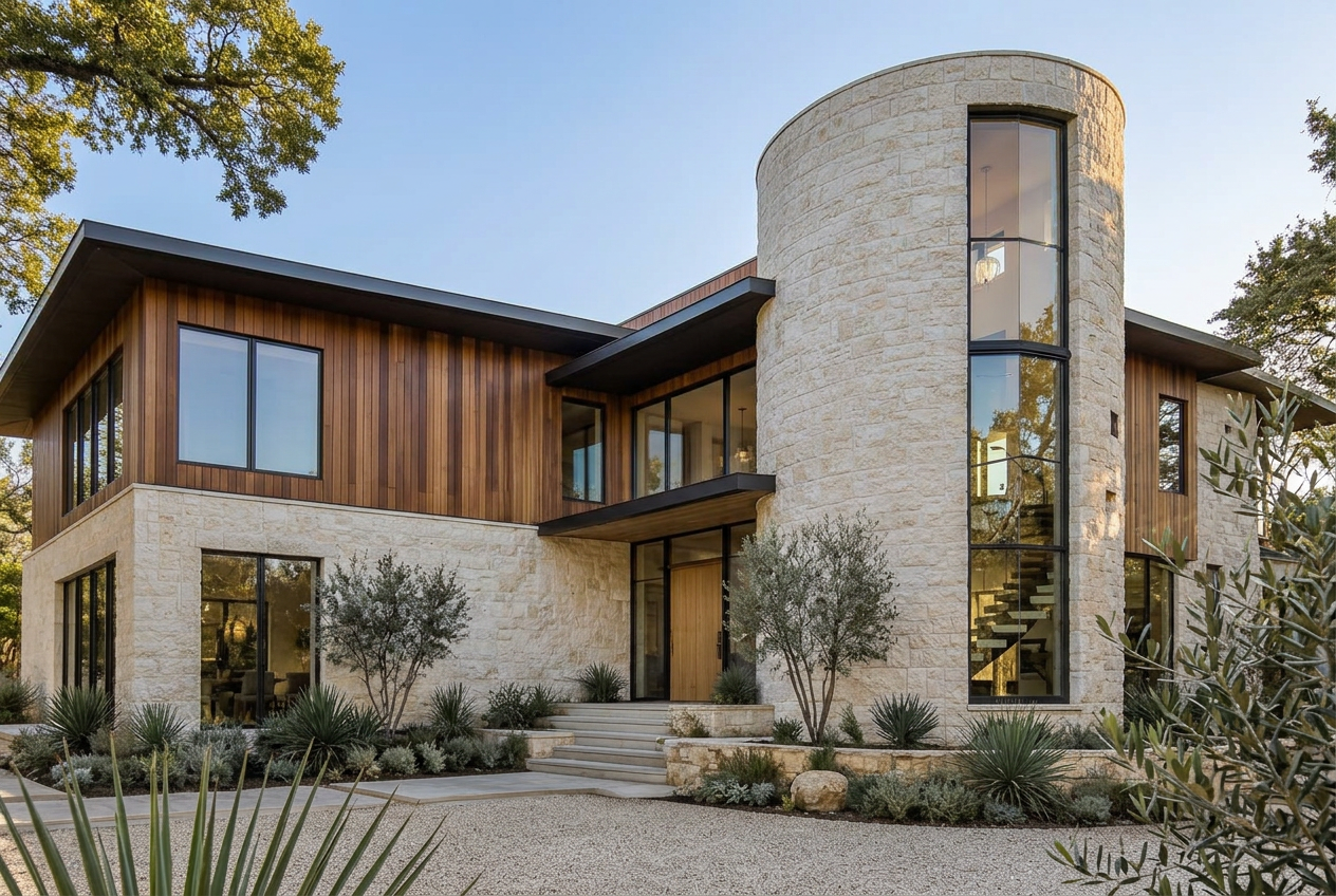 Limestone Hollow rounded stair tower exterior detail