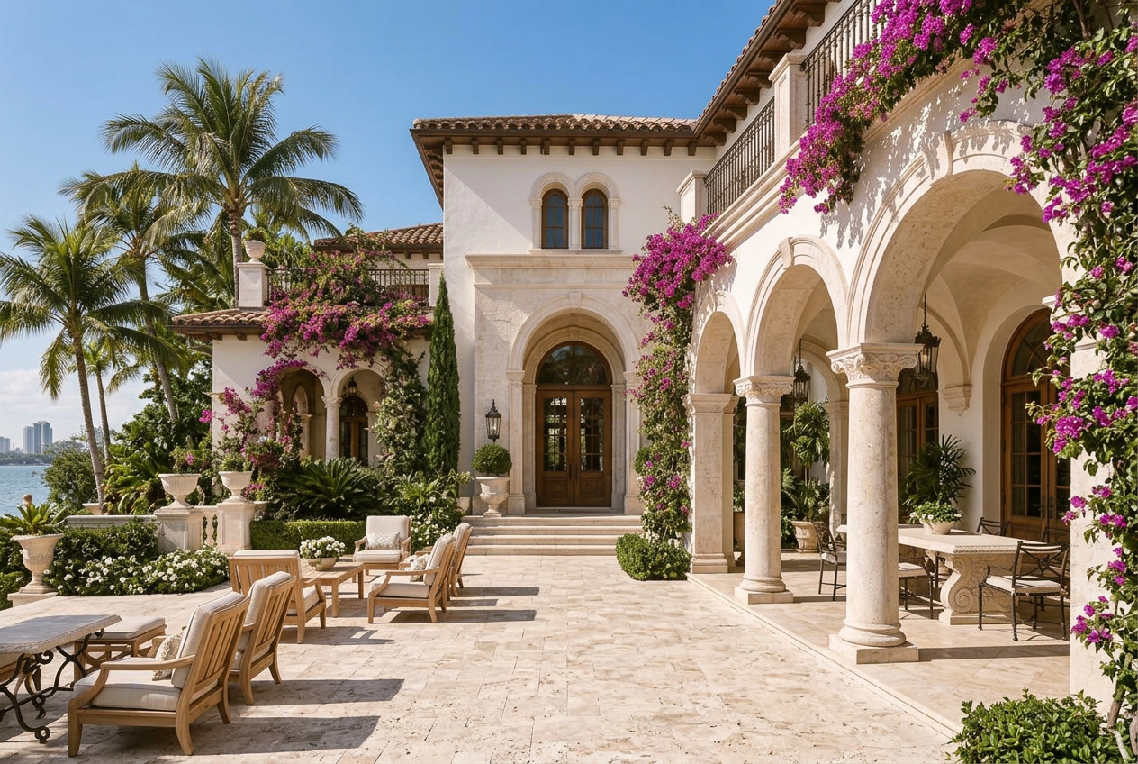 Casa Bellavela limestone arcaded loggia with tropical planting