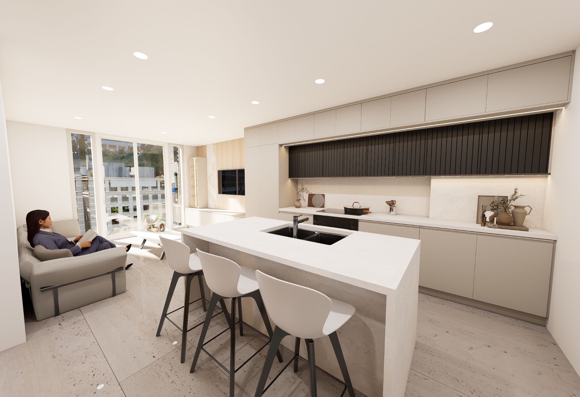 Kitchen with black fluted upper cabinetry, waterfall island, and bar seating overlooking the balcony