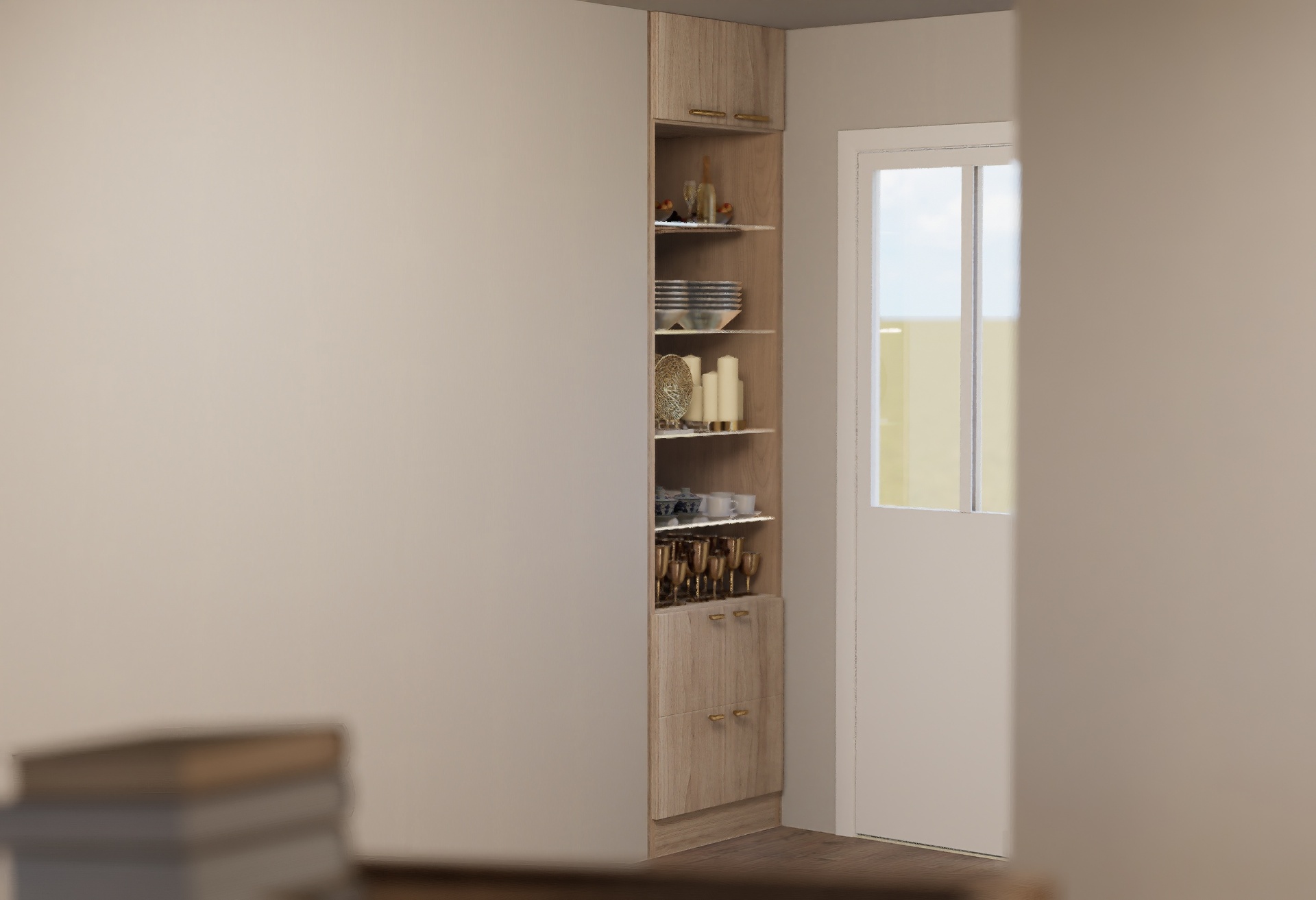 Custom wood cabinetry detail with brass accents