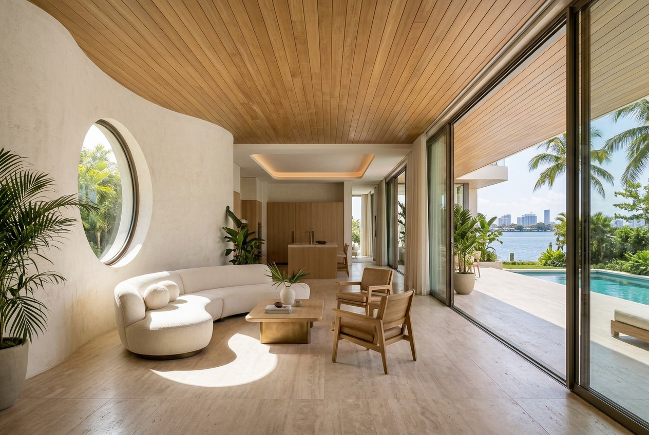 Solara Cove conceptual waterfront living room with circular window
