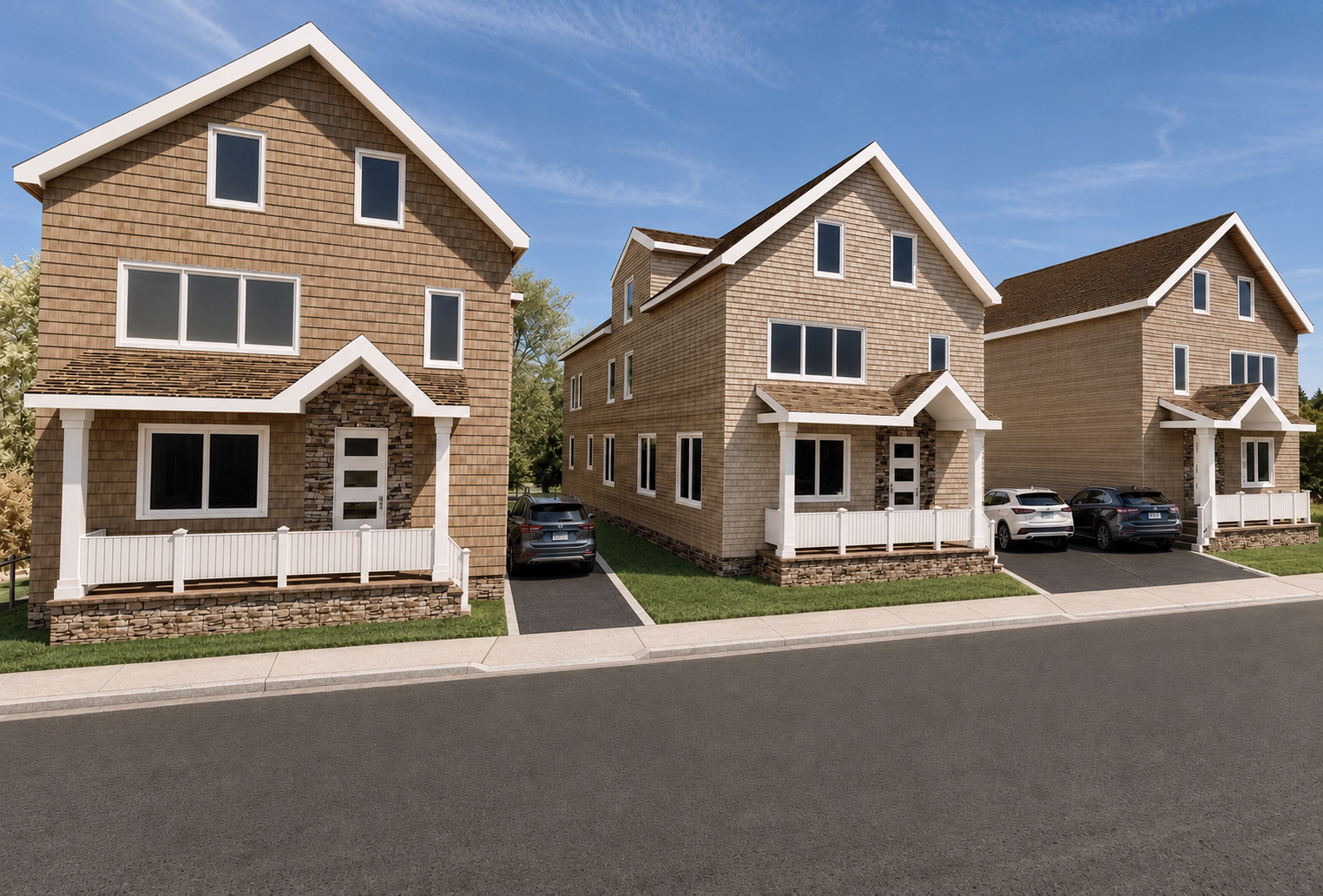 Low-angle view of two modern shingle-style houses