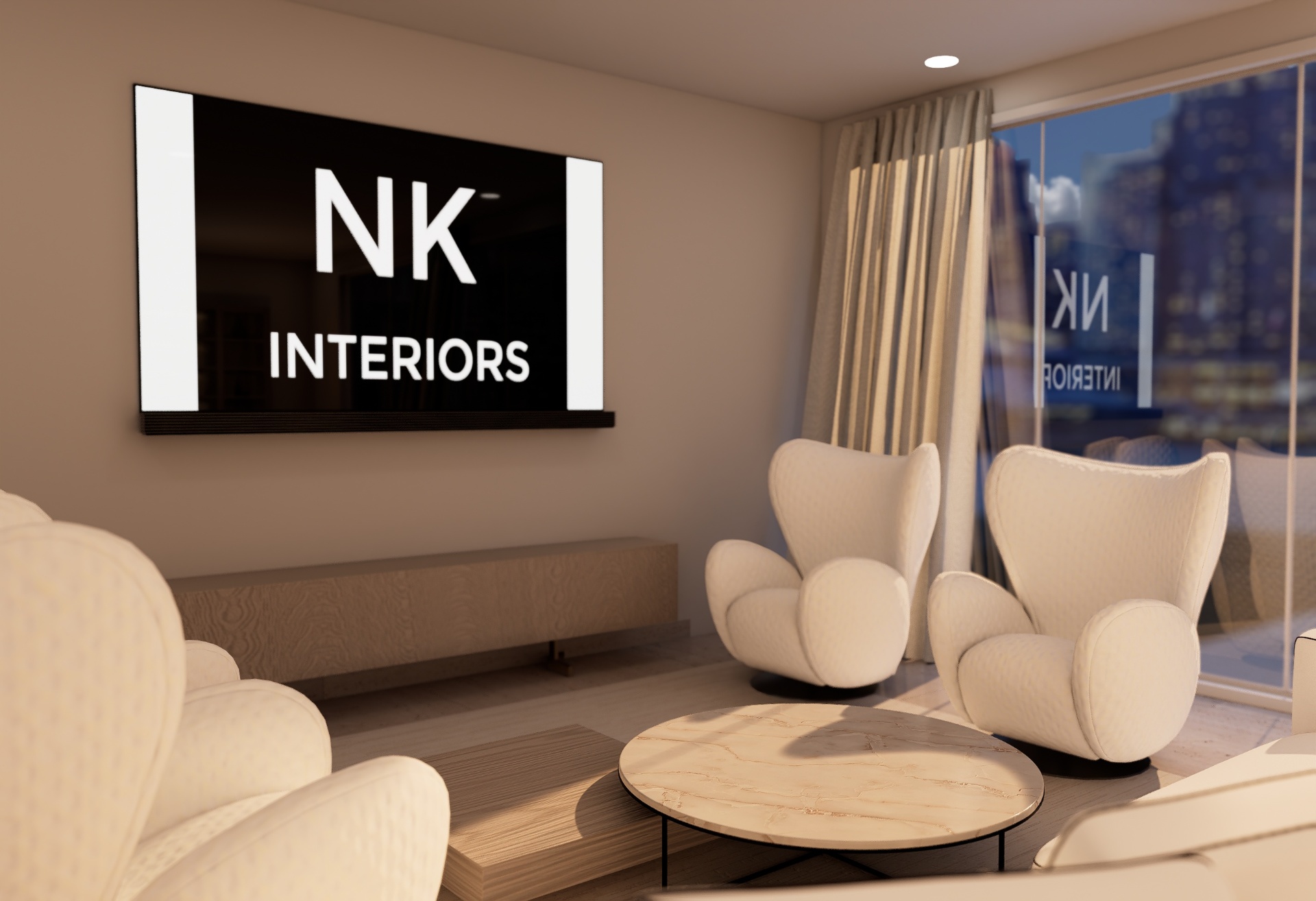 Lounge seating with sculptural armchairs, marble coffee table, and NK Interiors screen