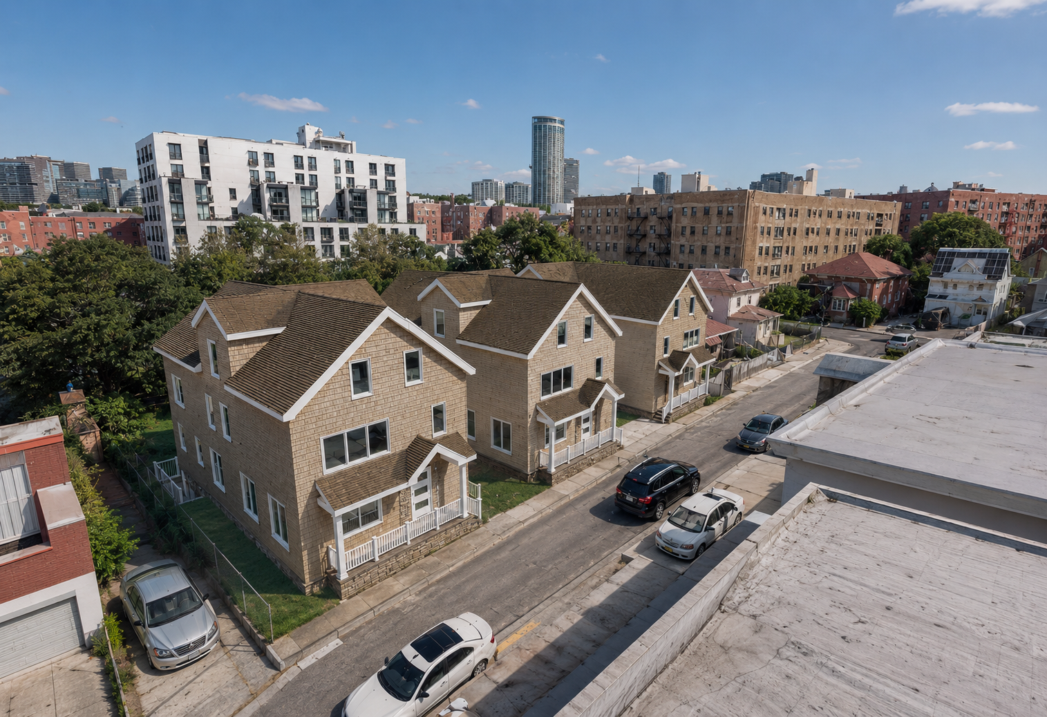 Perspective view of three modern houses integrated into a street view via Google Earth