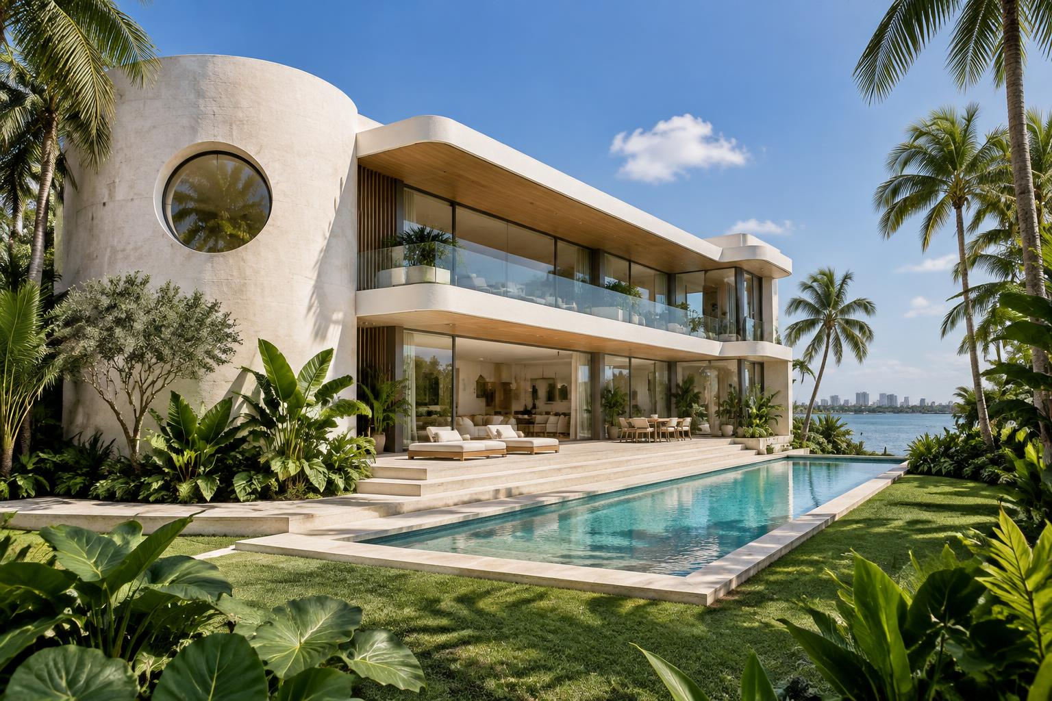 Conceptual Miami waterfront home with an oculus window, teak soffits and a turquoise pool