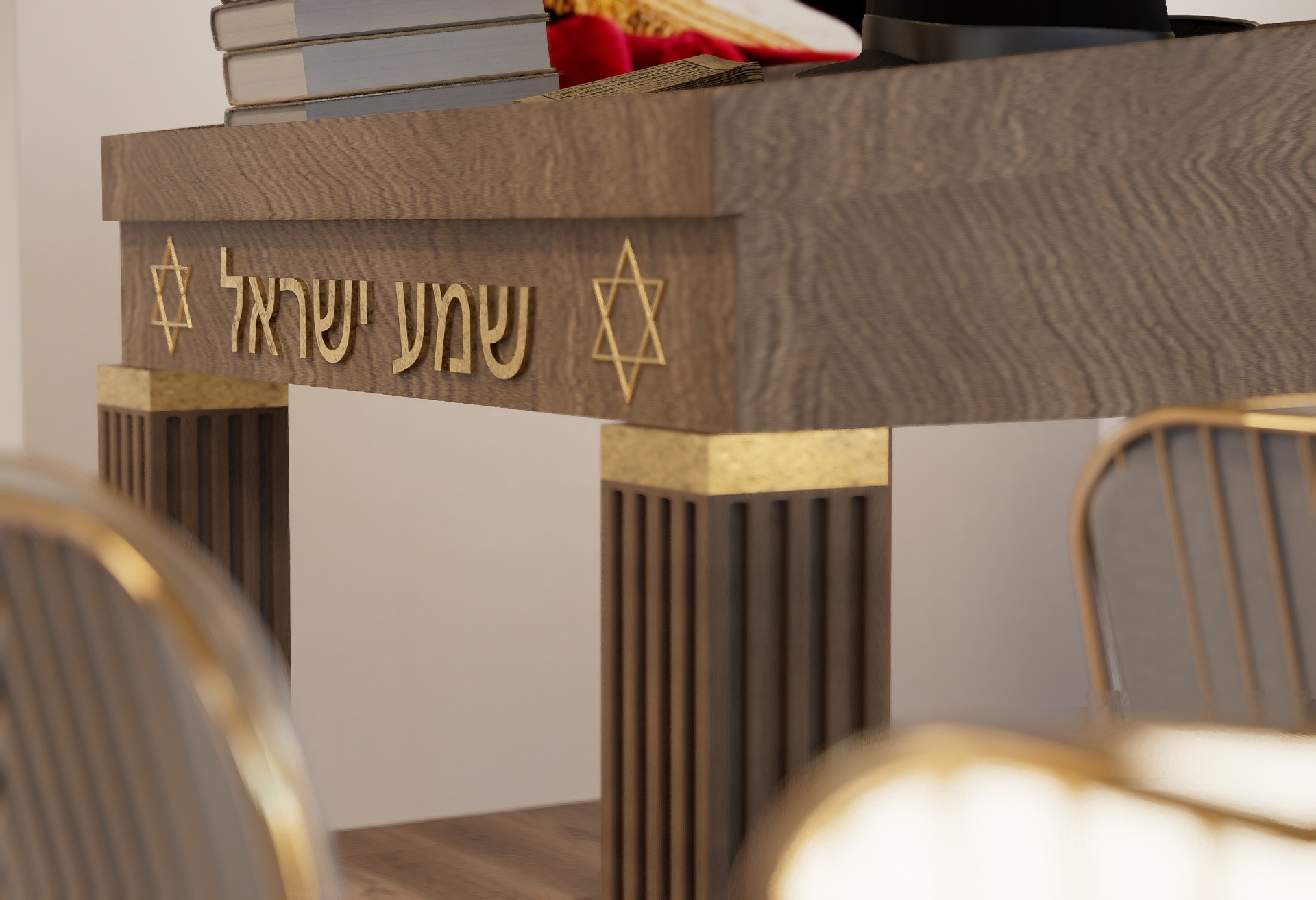 Detail of the Tevah with Shema Yisrael inscription and gold accents