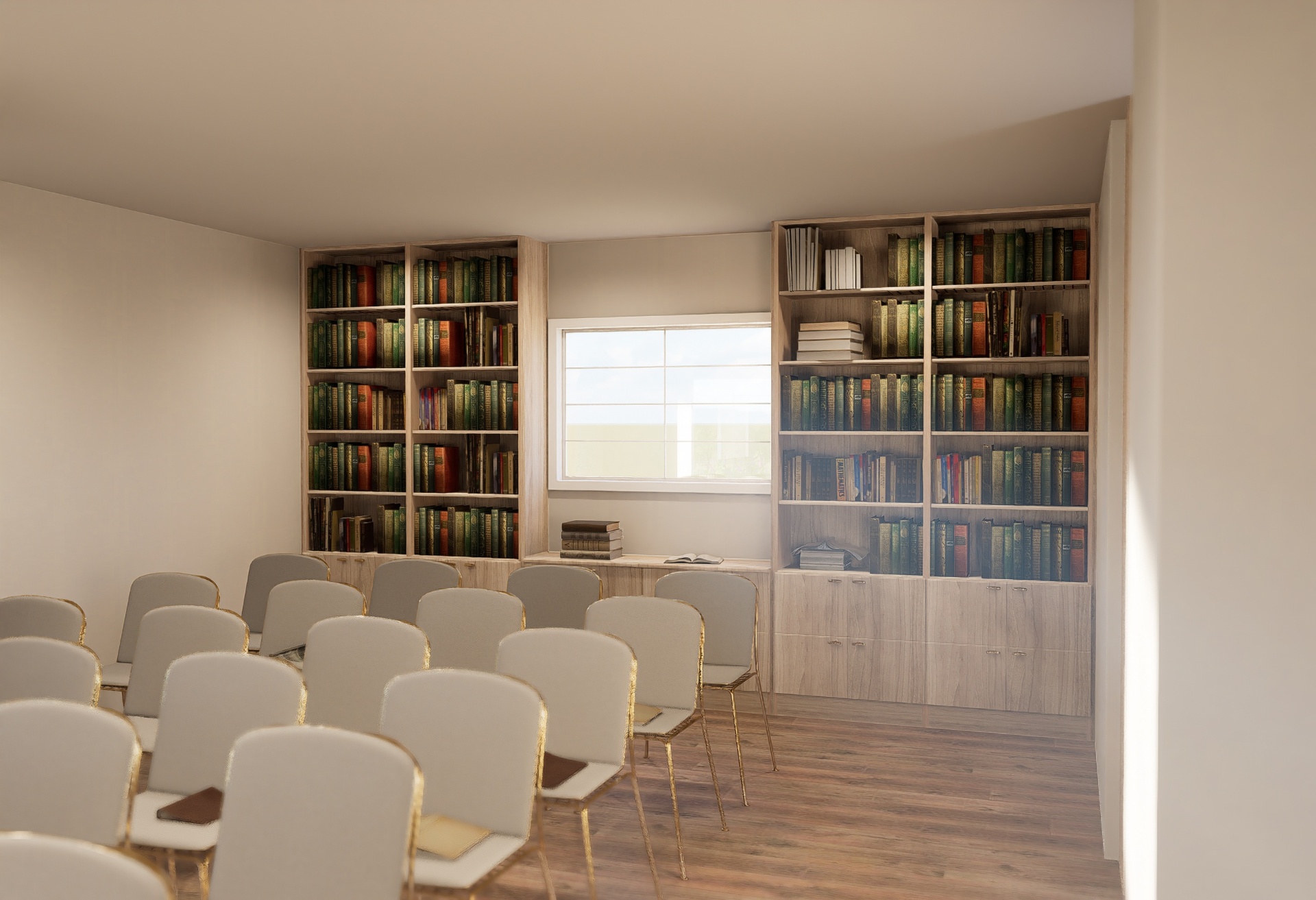 Library-style millwork with bookshelves and seating