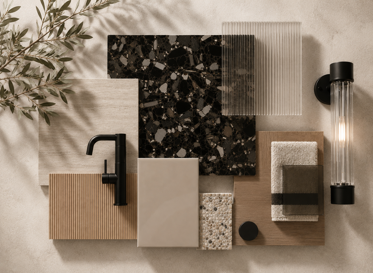 Bathroom 2 material mood board — travertine, terrazzo, fluted oak, black fixtures, and ribbed glass