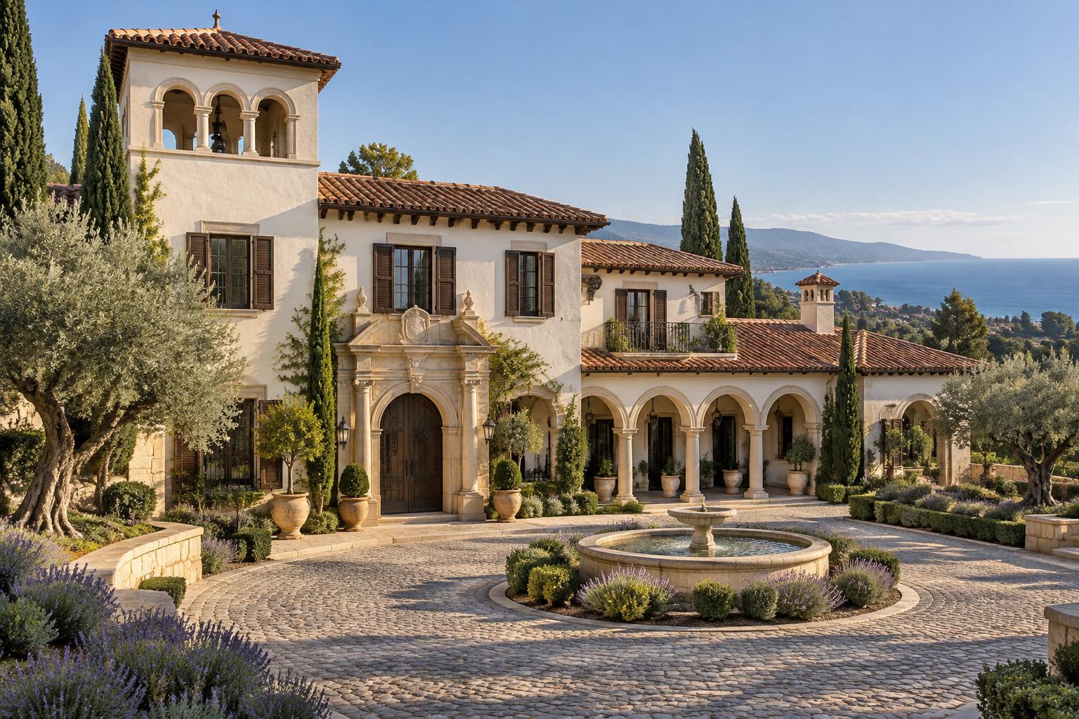 Conceptual California Mediterranean hillside villa with a triple-arched tower, terracotta roofs and olive-tree courtyard