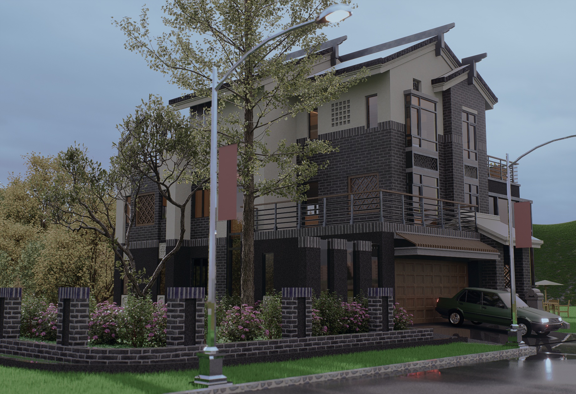 Corner view showing the layered brick massing, balcony, and mature landscaping