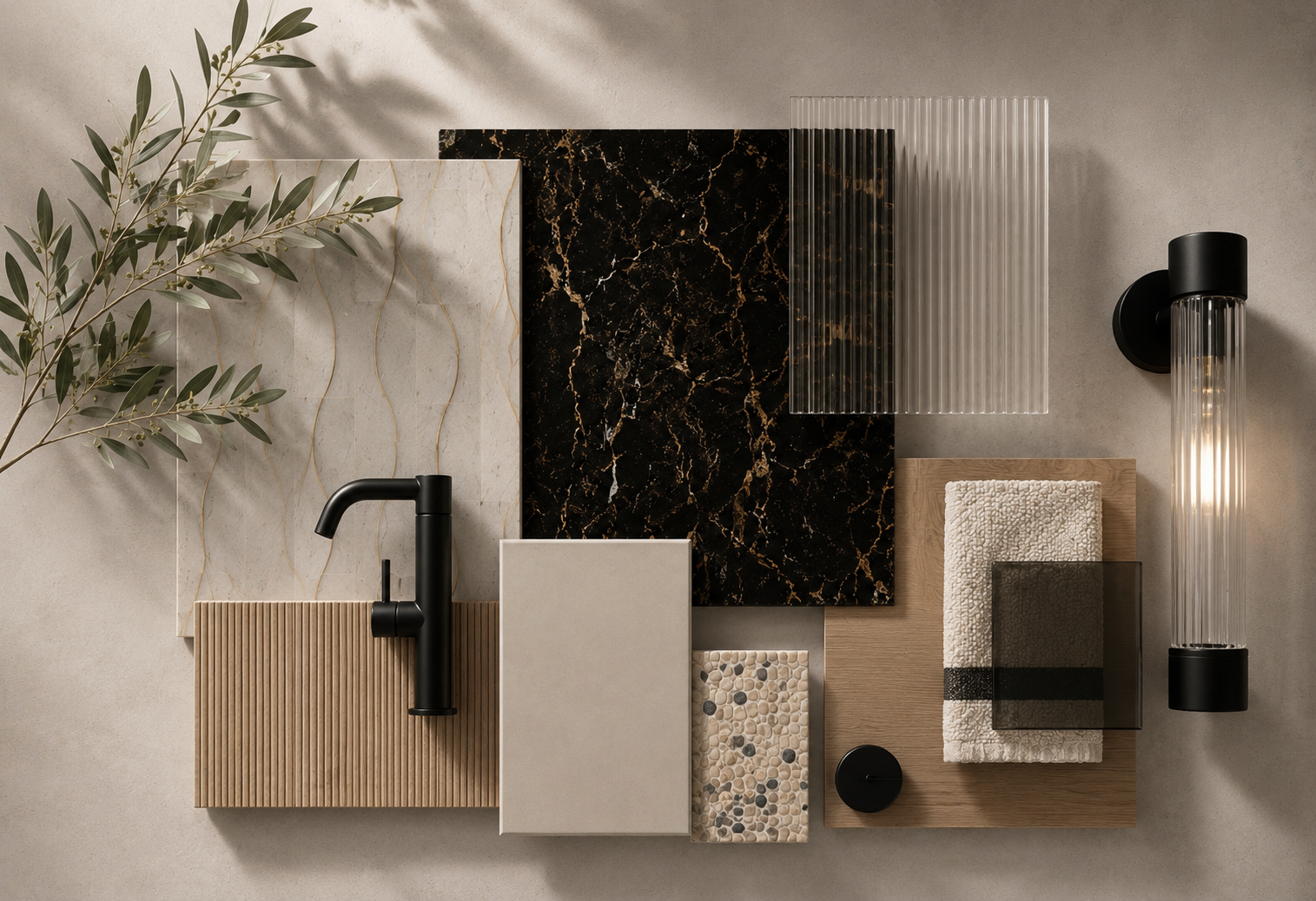 Bathroom 4 material mood board — travertine with gold veining, black-gold marble, oak, and ribbed glass