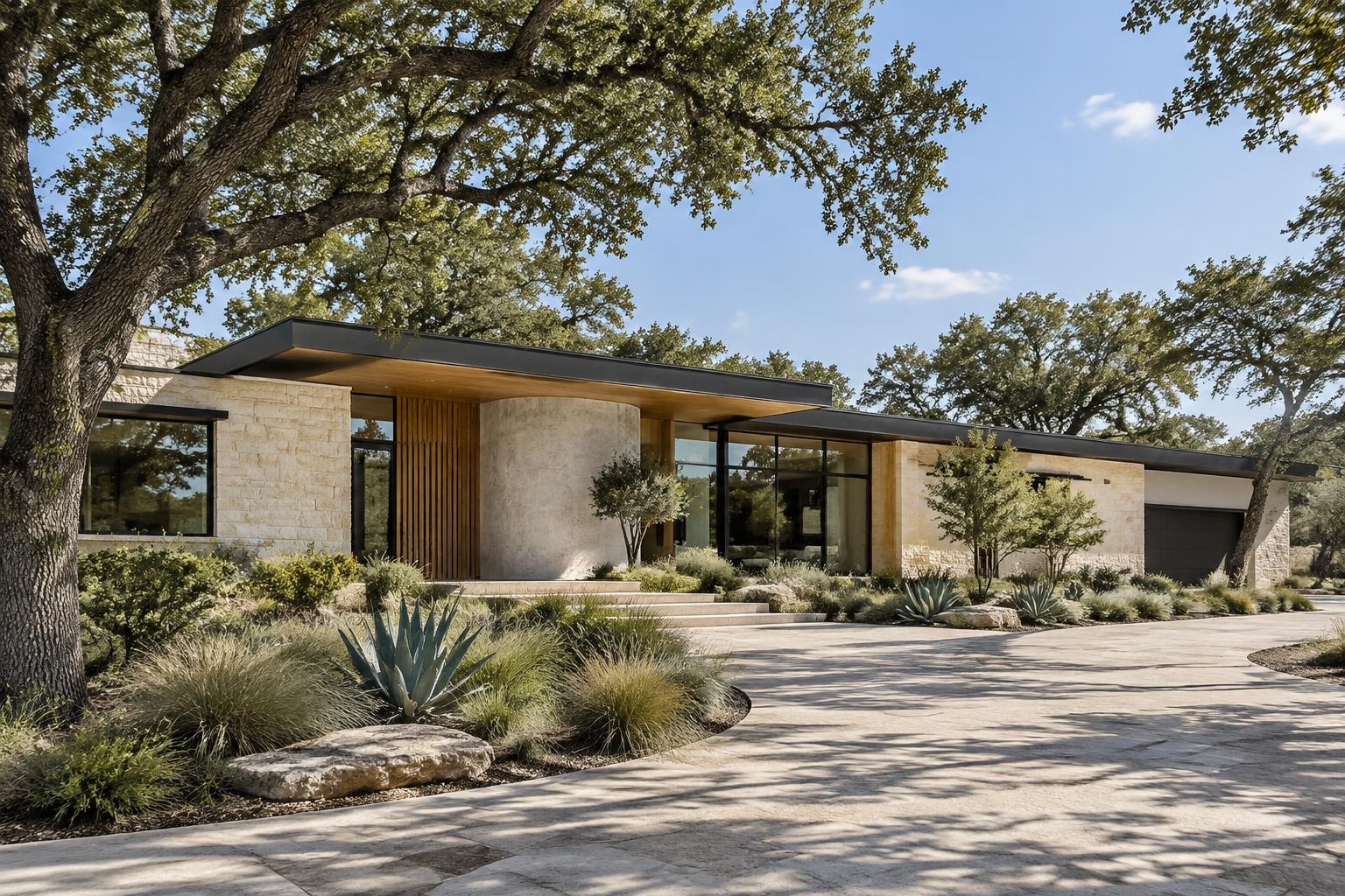 Conceptual Texas spec home with limestone, cedar, a curved entry wall and live oaks