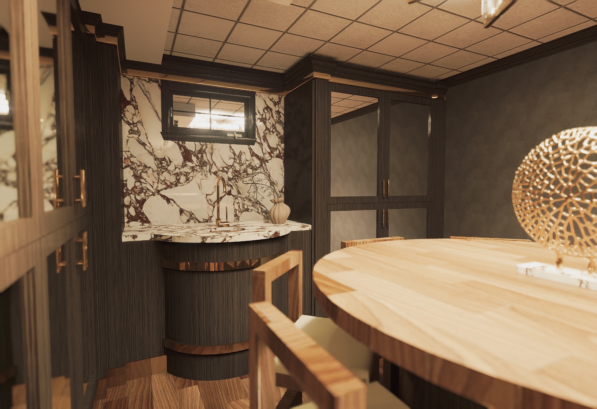 Bar area with Calacatta Viola marble backsplash and integrated millwork