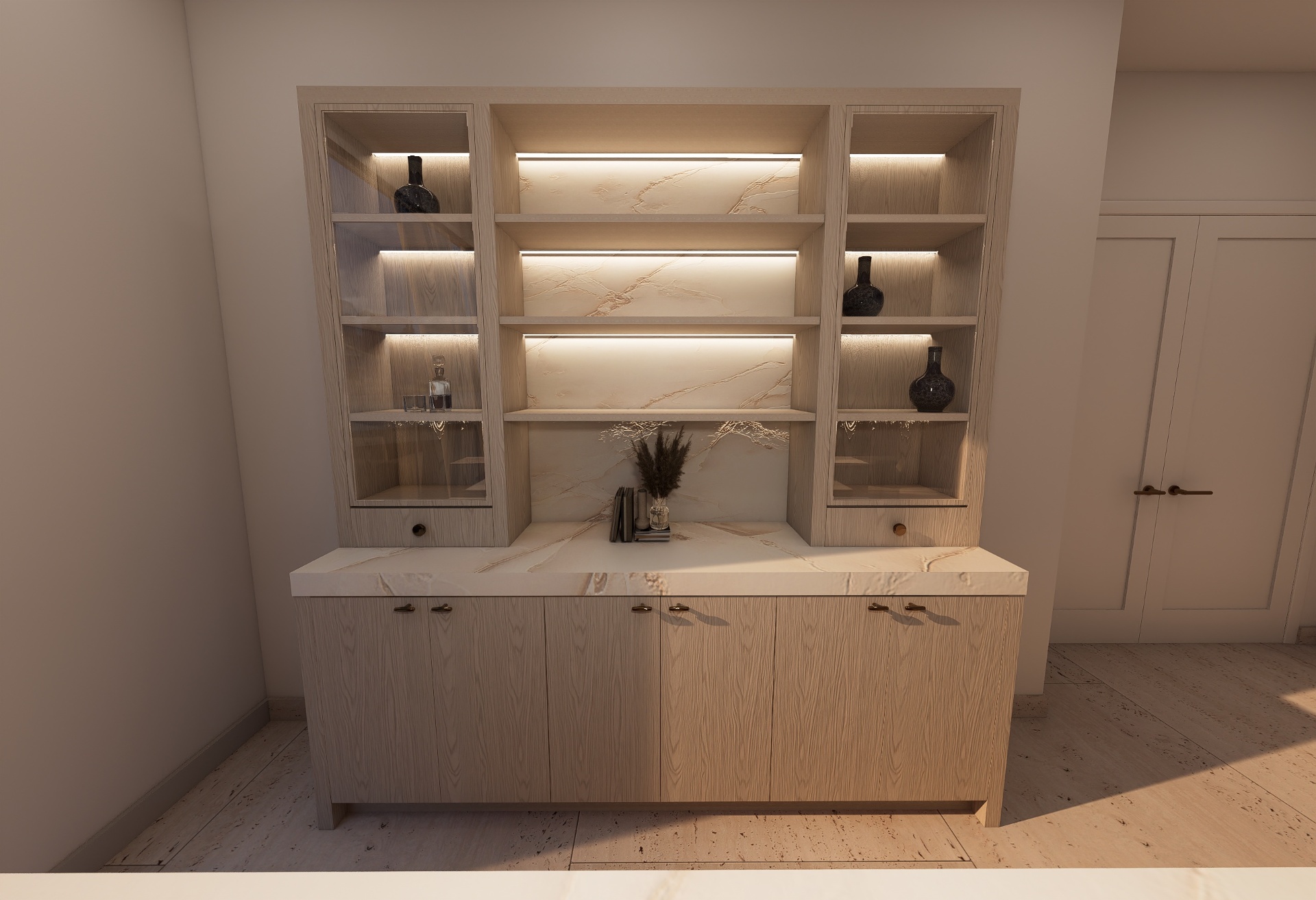 Custom millwork cabinetry with backlit marble backsplash and integrated shelving