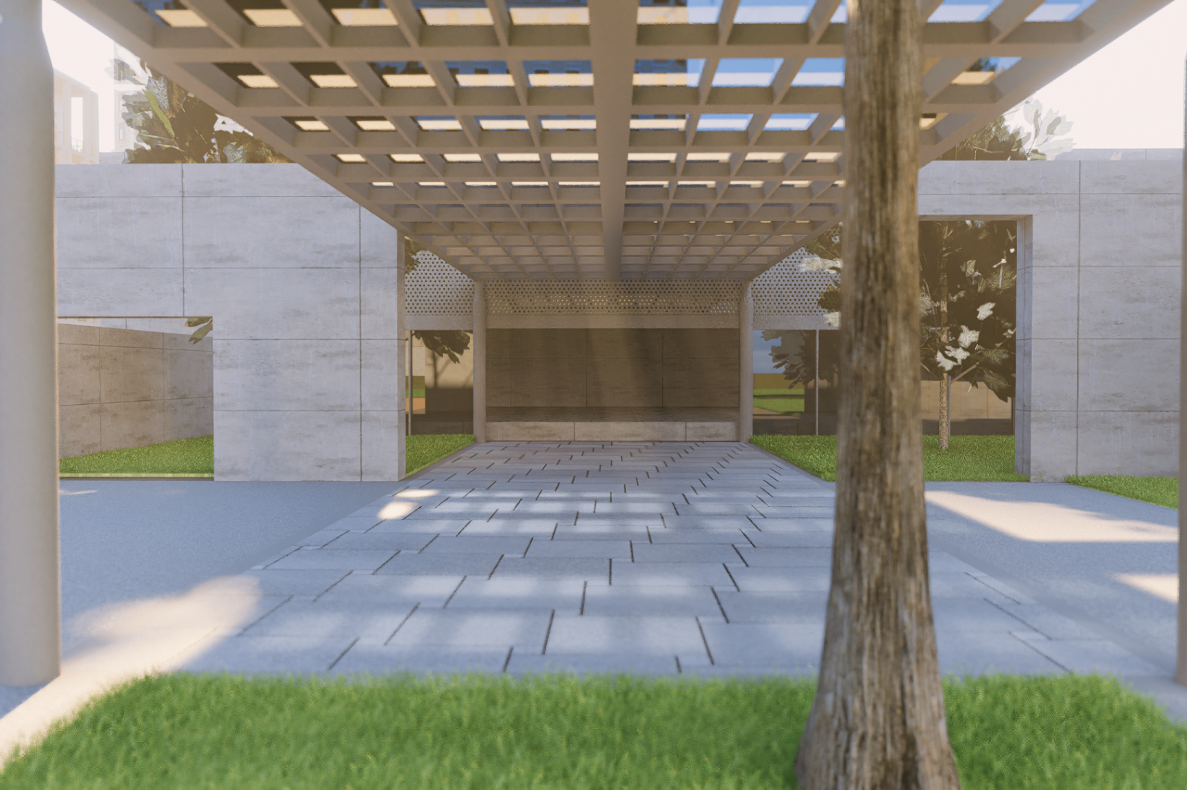 Covered pergola walkway with dappled light on paving and landscaped courtyard