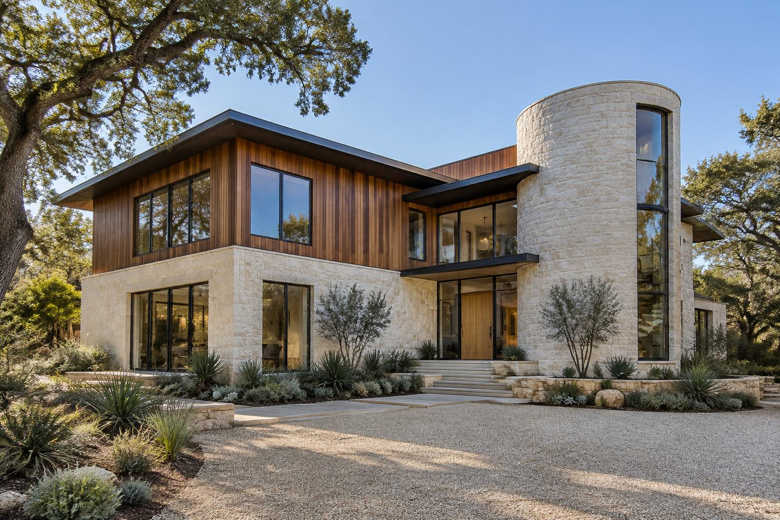 Conceptual Austin spec home with a rounded limestone stair tower and cedar upper floor