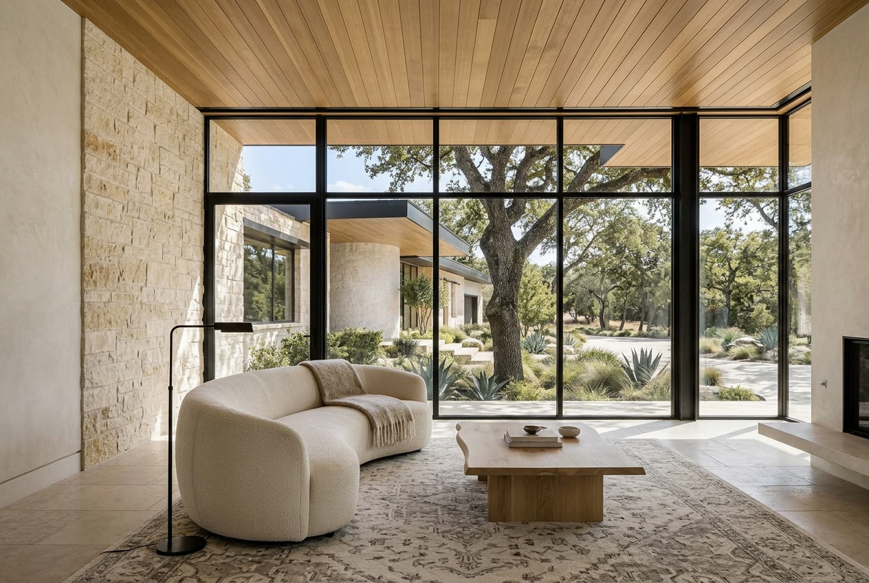 Juniper Bend conceptual living room facing live oaks