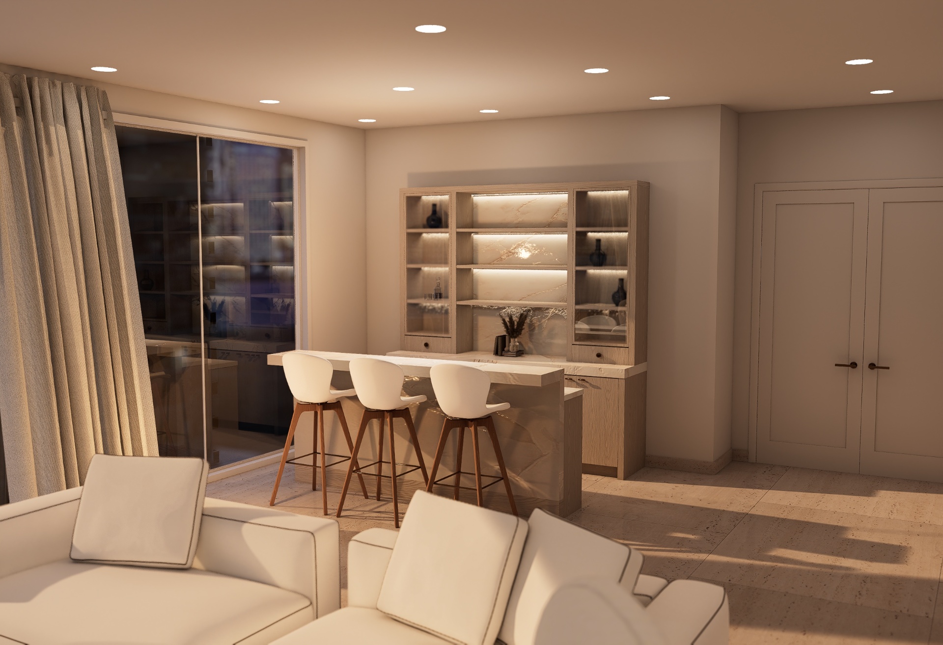 Bar seating area with three stools facing the illuminated custom cabinetry